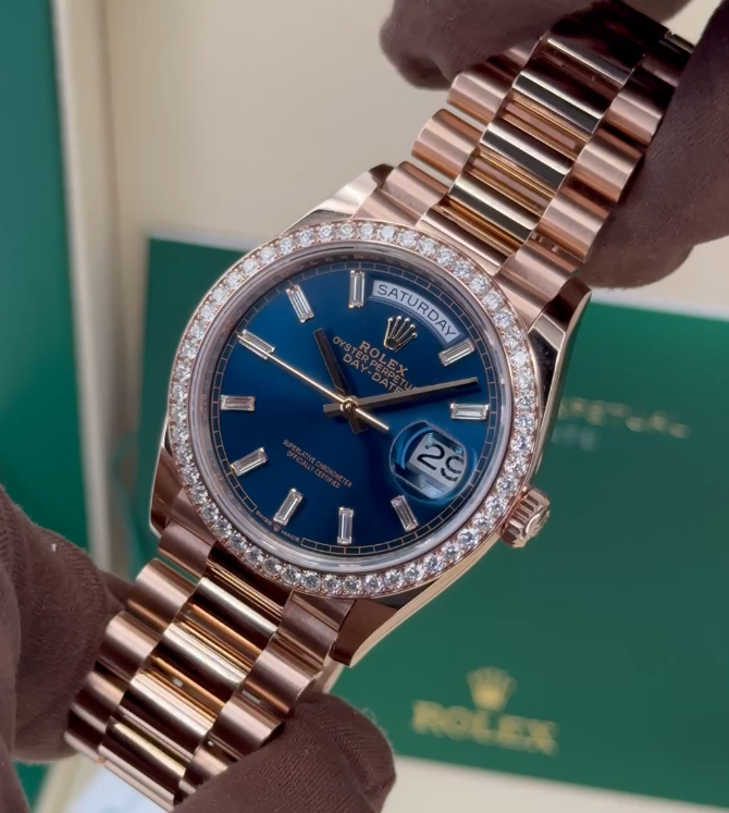 NEW 2025 Rolex Day-Date 36mm 128345RBR Rose Gold Blue Baguette Dial