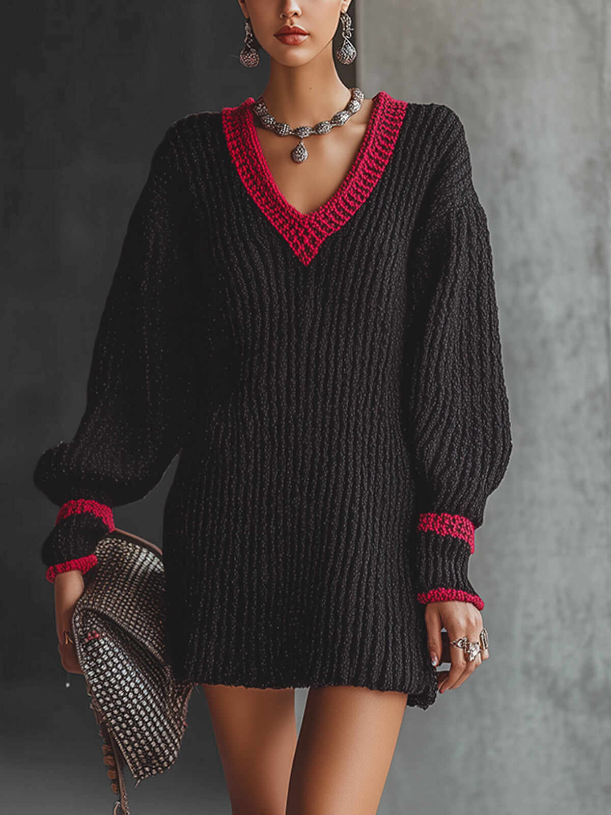 Black Knit V-Neck Dress With Red Trim