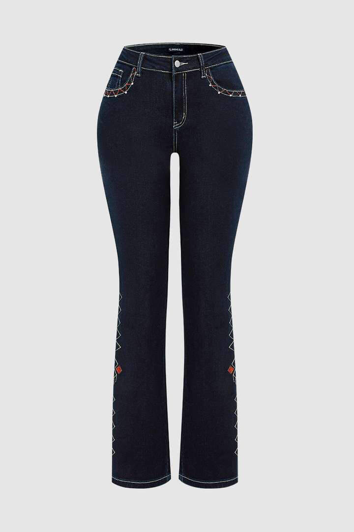 Wash Geo Embroidery Rhinestone Decor Mid Rise Bootcut Jeans Without Belt