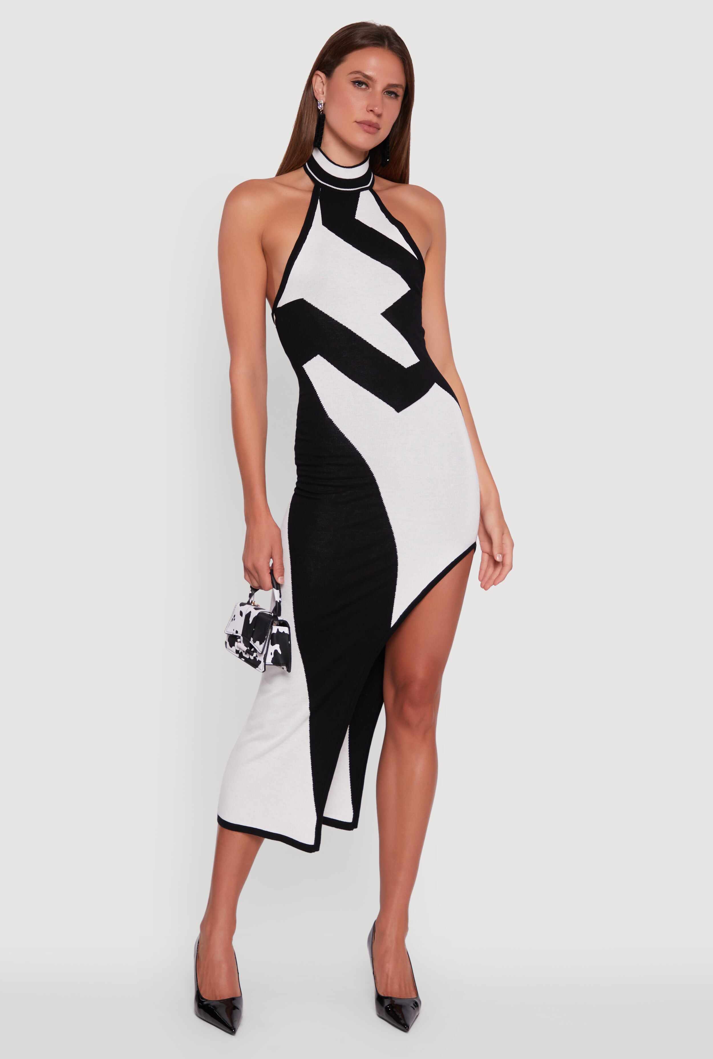 Abstract Printed Side Slit Halter Midi Dress