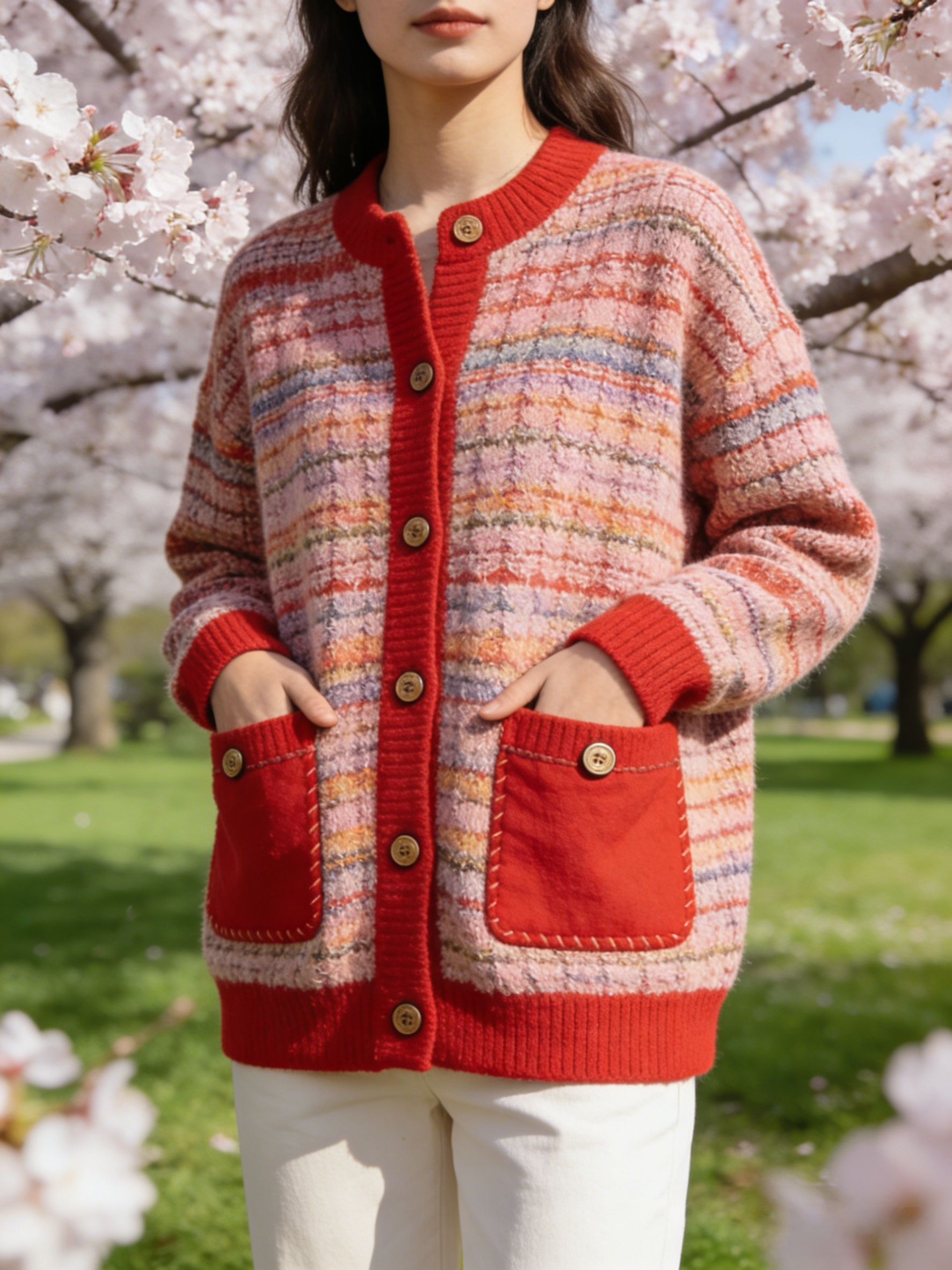 Natural Red Pockets Patchwork Button Cotton Knit Coats Spring