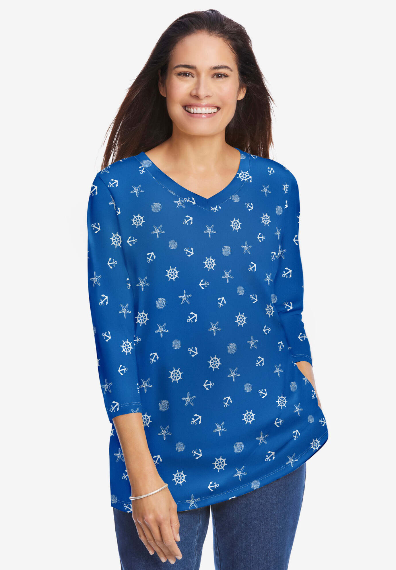 Perfect Printed Three-Quarter Sleeve V-Neck Tee