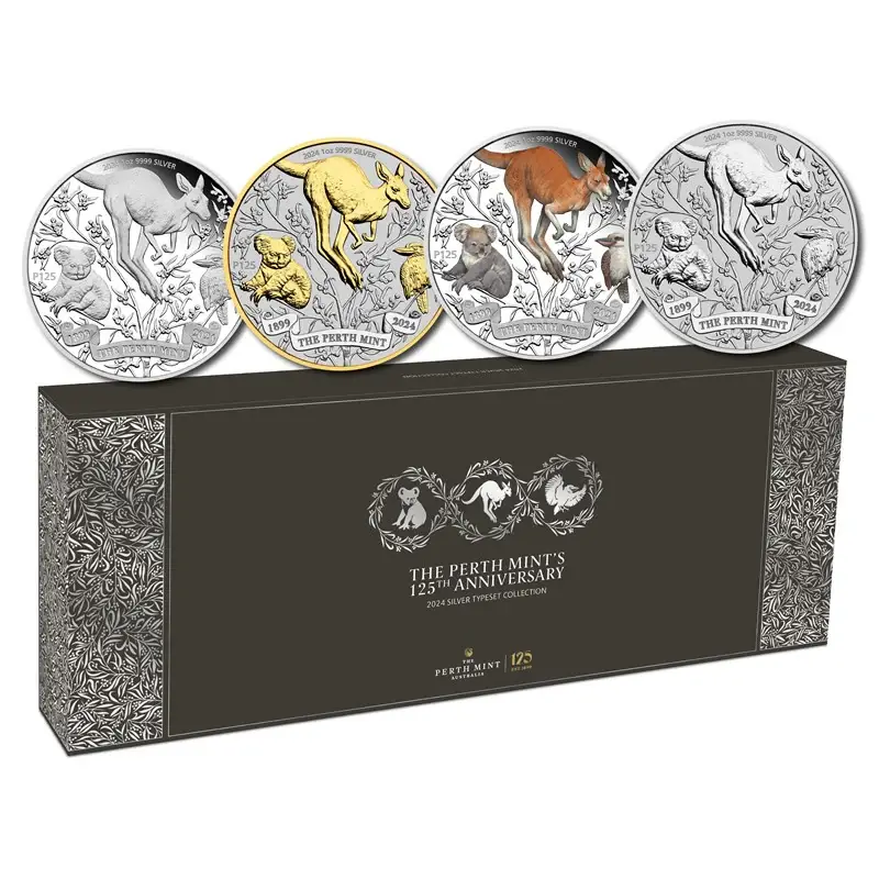 2024 Australia Perth Mint 125th Ann. Kangaroo 4 x 1 oz Silver Typeset Collection