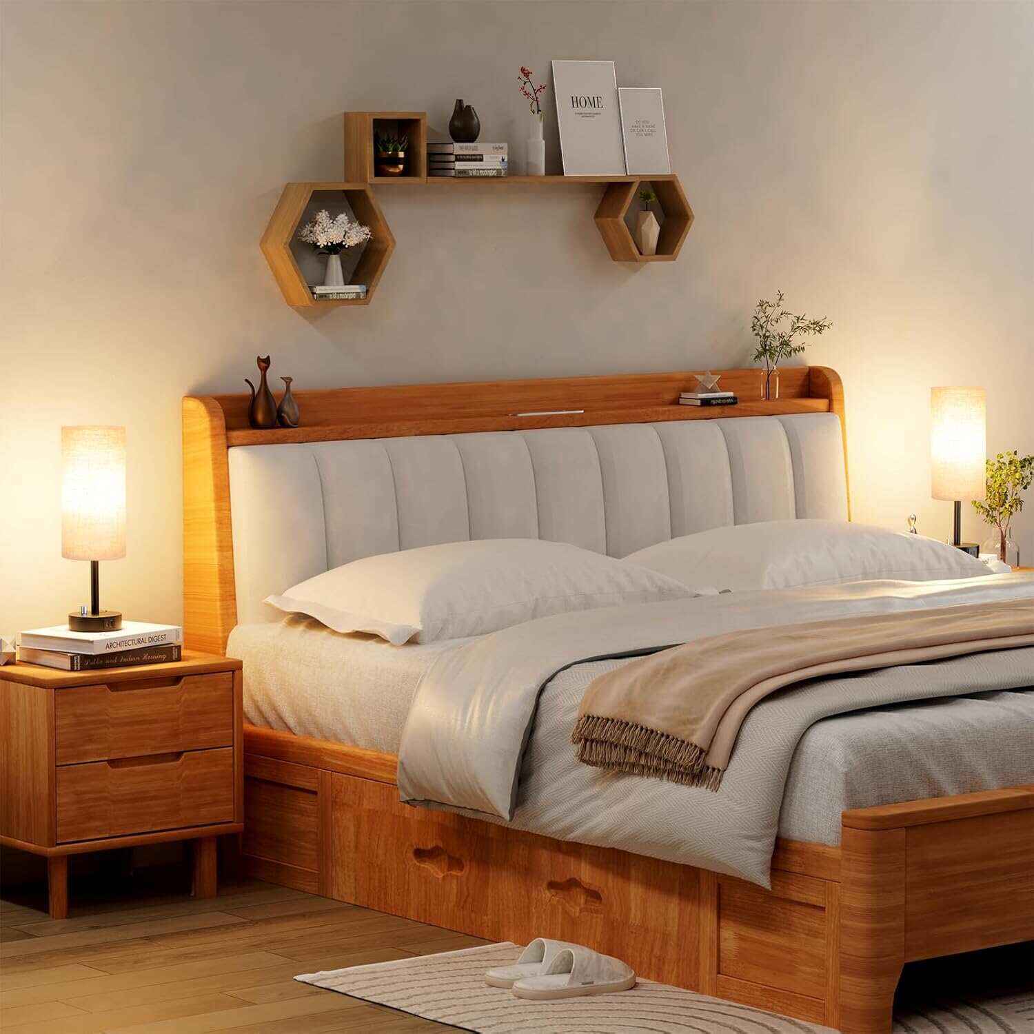 Bedside Table Lamp for Bedroom - 3 Way Dimmable Touch Lamp USB C Charging Ports and AC Outlet, Small Lamp Wood Base Round Flaxen Fabric Shade for Living Room, Desk, LED Bulb Included