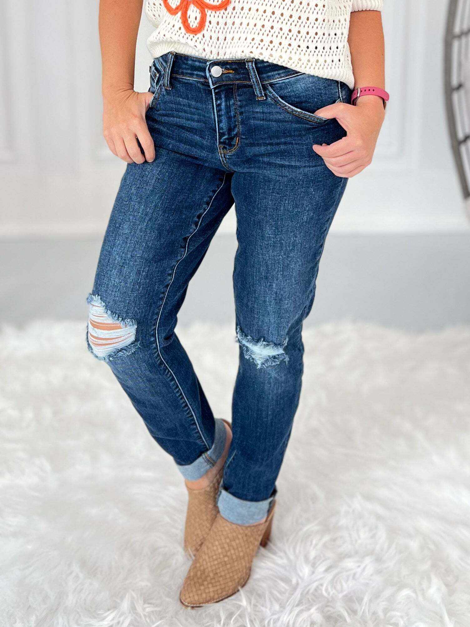 It's A Date - Christmas Mild Distressed Slim Jeans- Final Sale