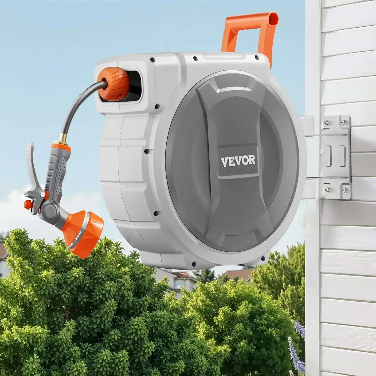 Retractable Garden Hose Reel,  5/8 Inch x 100 ft Wall Mounted, Heavy Duty with 9-Pattern Nozzle, Adjustable Length Lock, Upgraded Slow Return System & 180° Swivel Bracket