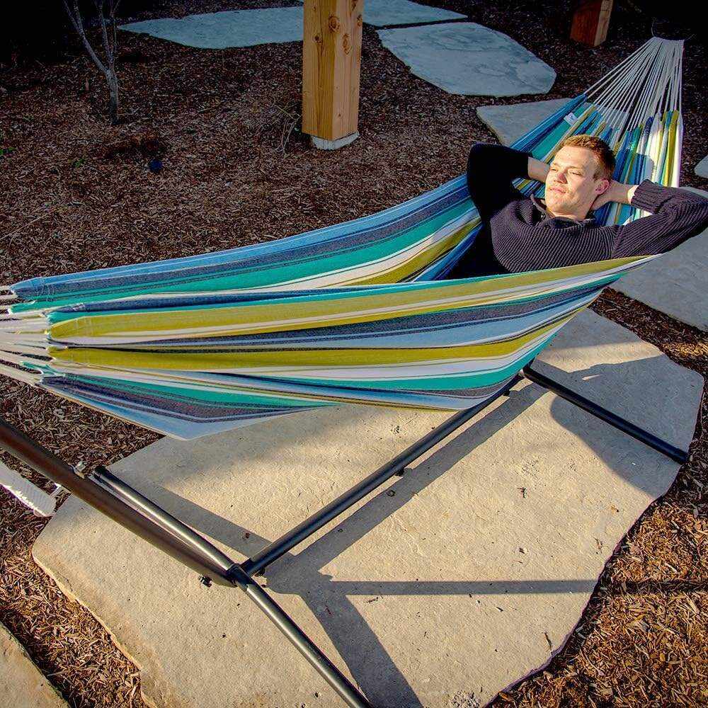 Double Cotton Hammock with Space Saving Steel Stand, Tropical (450 lb Capacity - Premium Carry Bag Included)