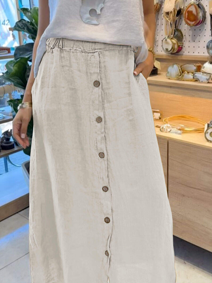 🔥Summer Arrivals🌟Women's Solid Color Elastic Waist Buttons Casual Pockets Linen Skirt