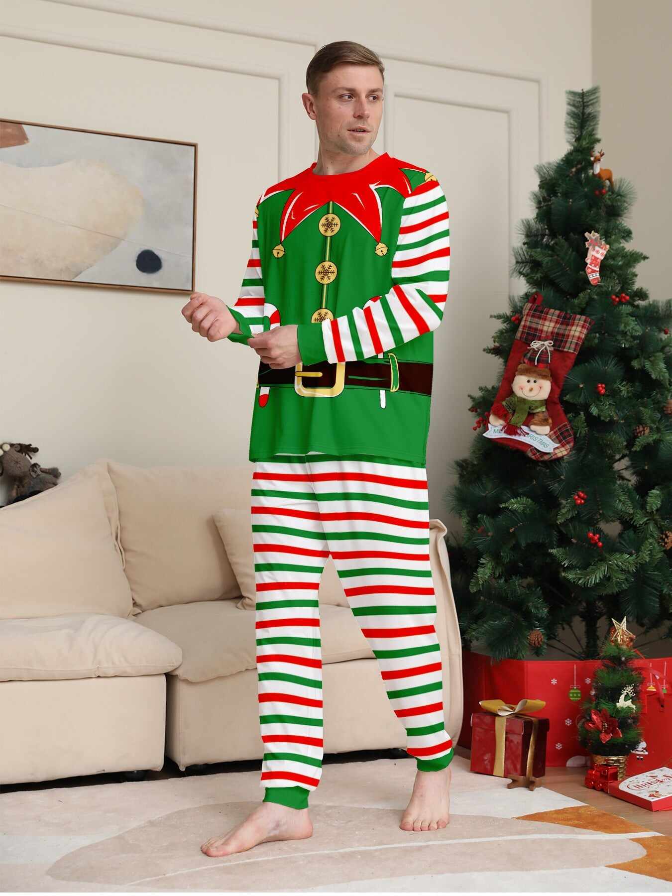 2024 3D Print Christmas Family Pajamas Red Green Striped Crutch Xmas Pajamas