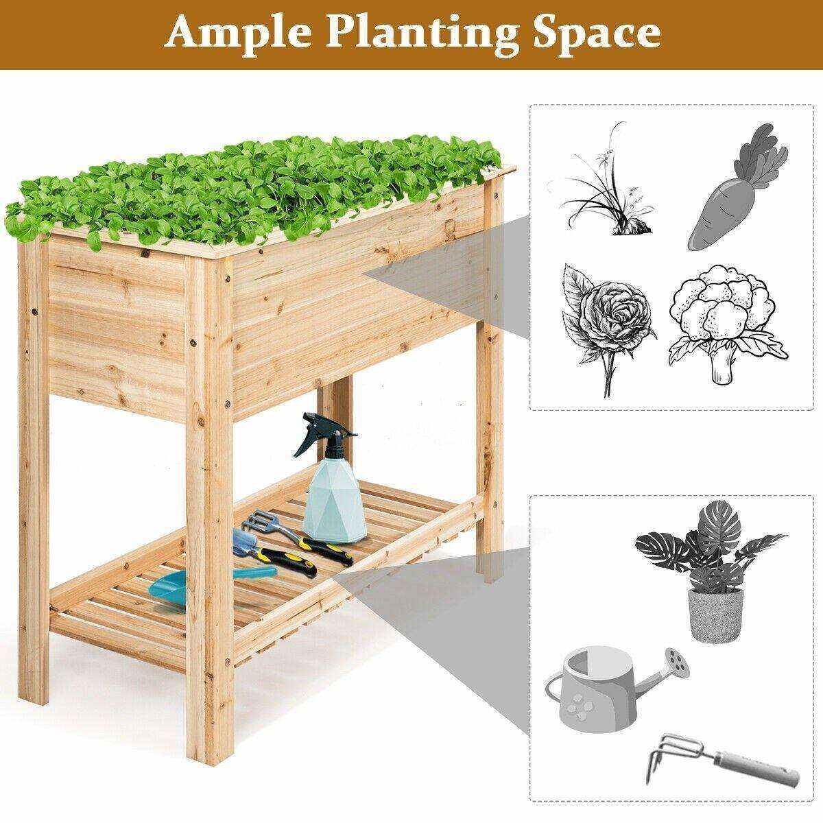 Wooden Outdoor Raised Garden Bed with Storage Shelf