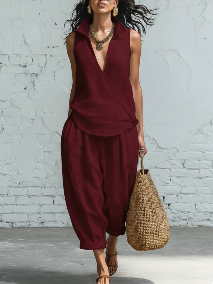 🔥Summer Arrivals🌟Minimalist Collared Shirt And Wide-leg Pant Linen Two-piece Set