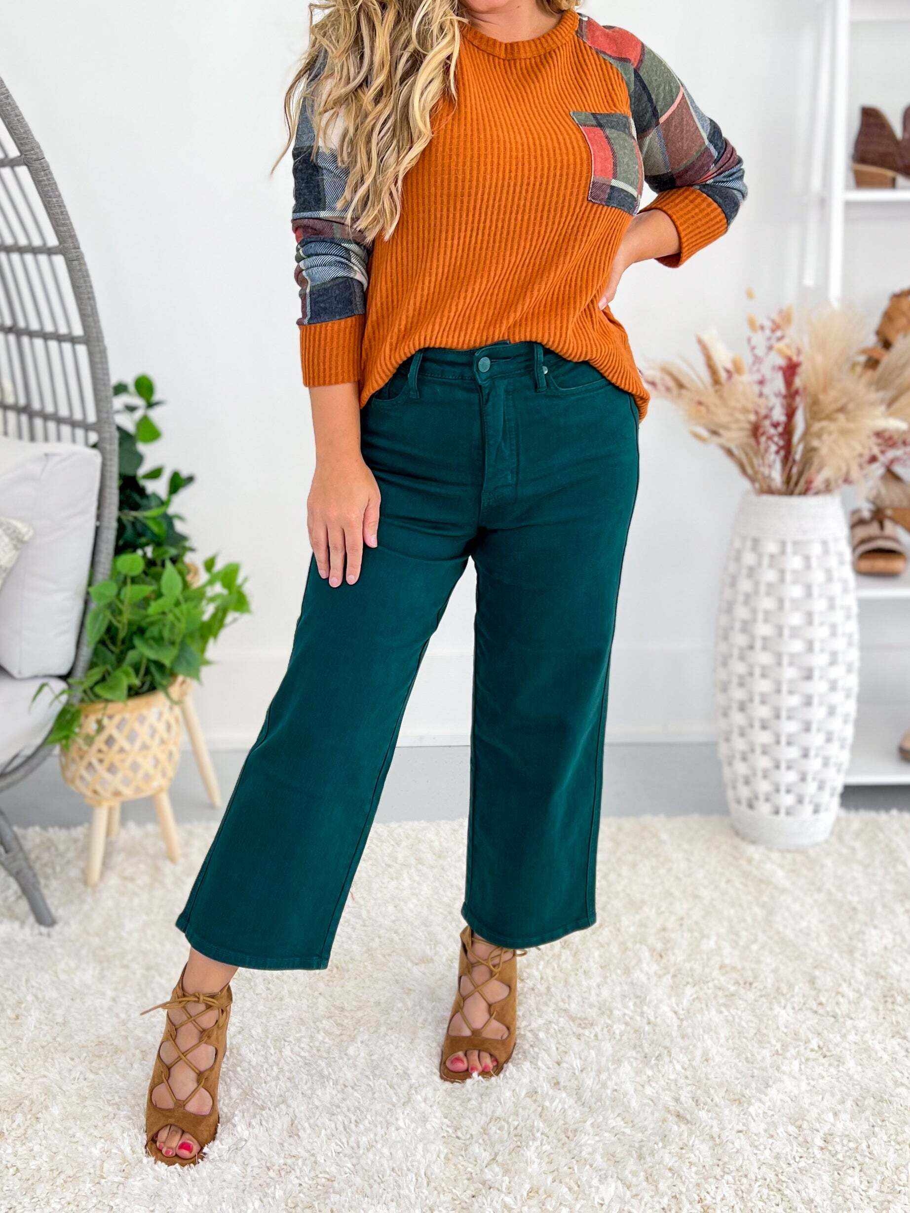 Emerald City - Christmas Tummy Control Dyed Wide Crop Jeans - Final Sale