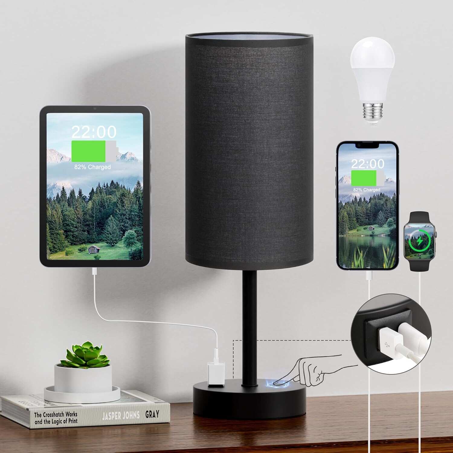 Bedside Table Lamp for Bedroom - 3 Way Dimmable Touch Lamp USB C Charging Ports and AC Outlet, Small Lamp Wood Base Round Flaxen Fabric Shade for Living Room, Desk, LED Bulb Included