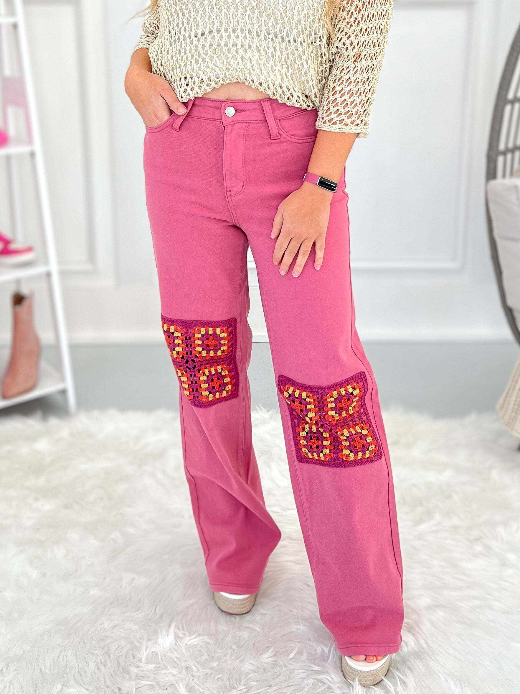 Christmas - Dusty Pink Dyed Crochet Patched Wide Jeans - Final Sale