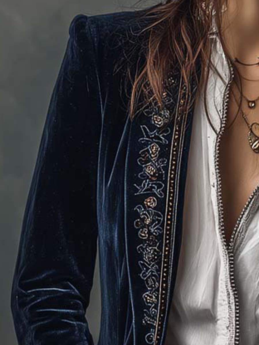 Vintage Navy Velvet Embroidered Long Jacket
