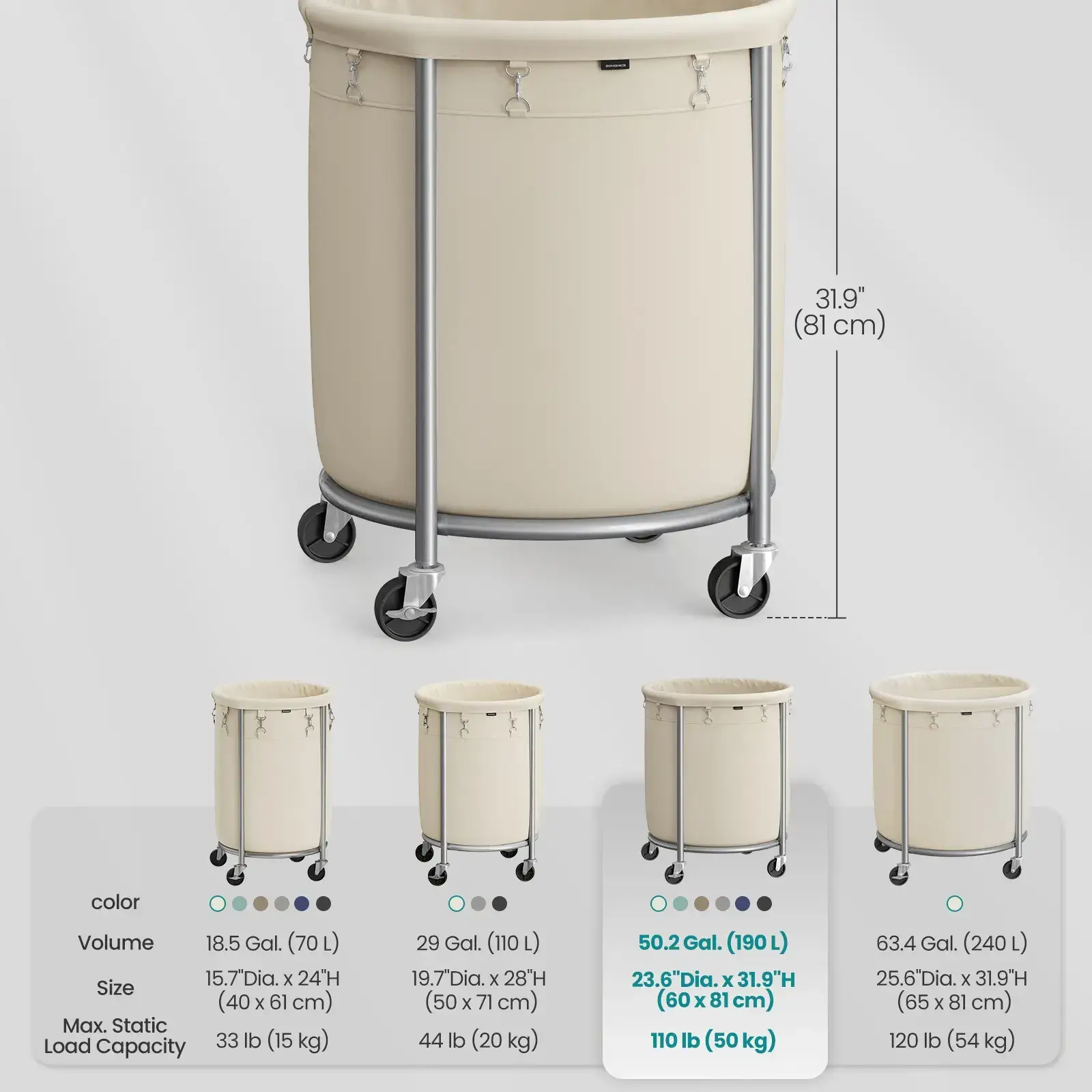 SONGMICS Rolling Laundry Basket with Wheels - Cream & Silver