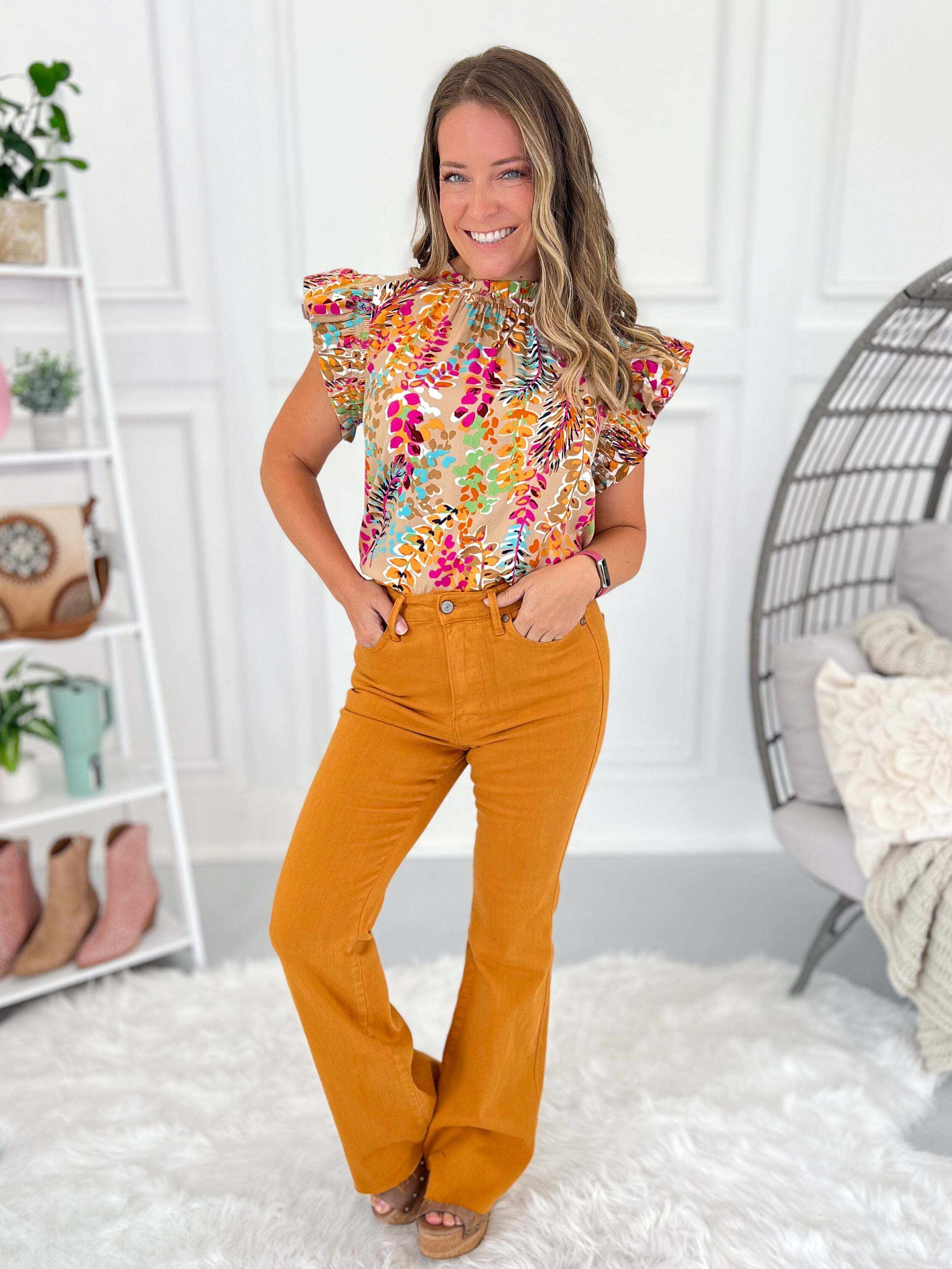 Christmas Tummy Control Marigold Dyed Flare Jeans- Final Sale