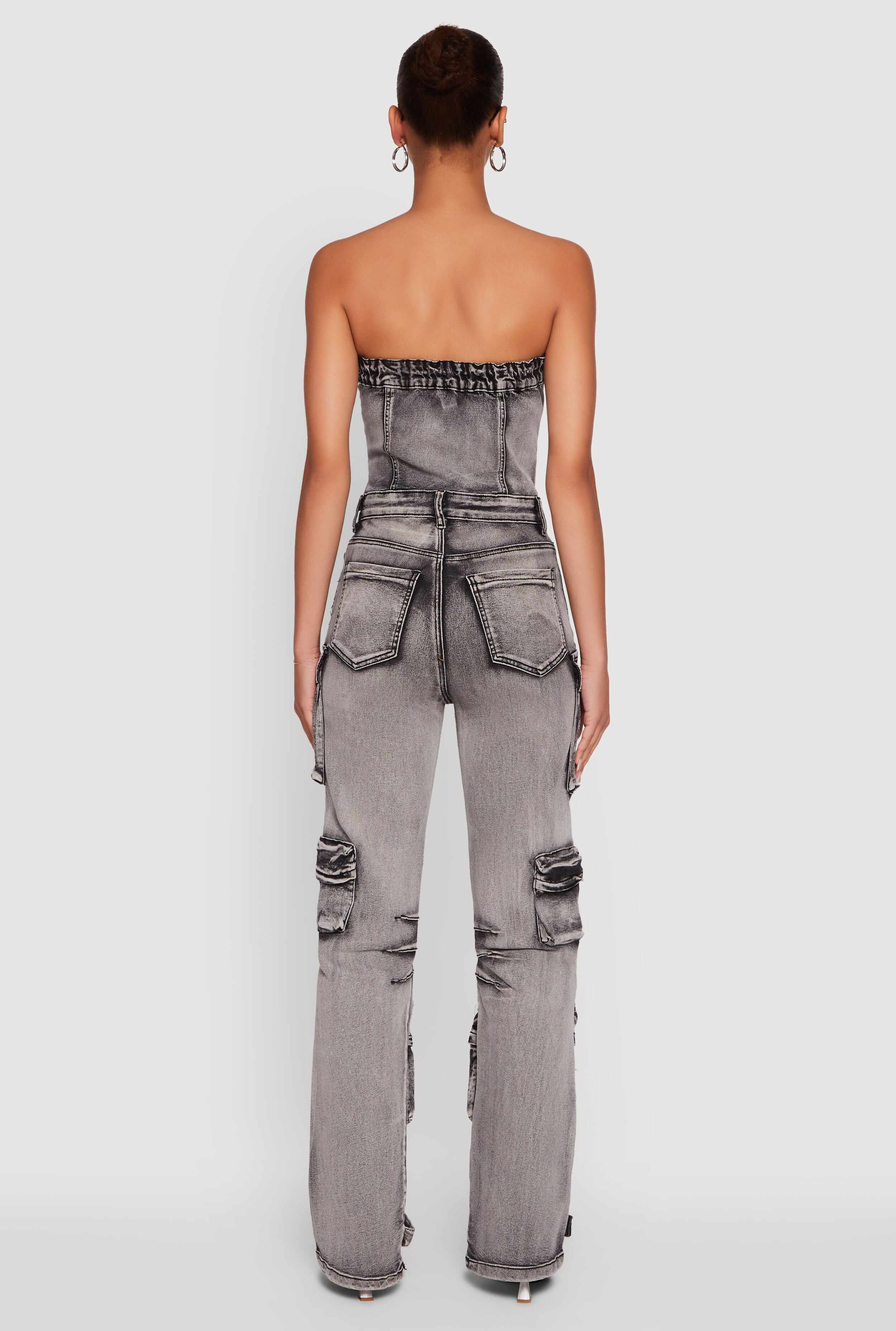Acid Wash Denim Multi Cargo Pocket Strapless Jumpsuit