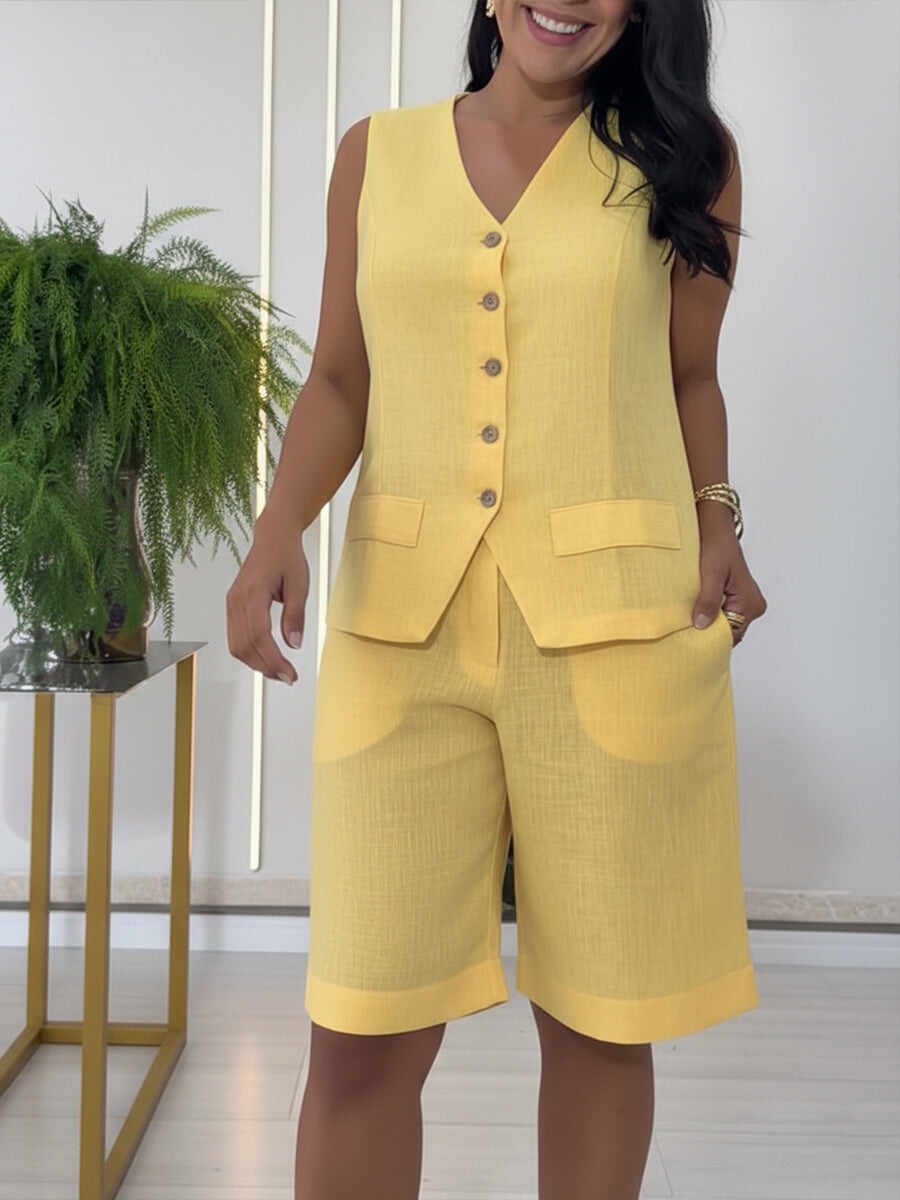 🔥Summer Arrivals🌟Casual Linen And Cotton Vest And Bermuda Shorts Two-piece Set