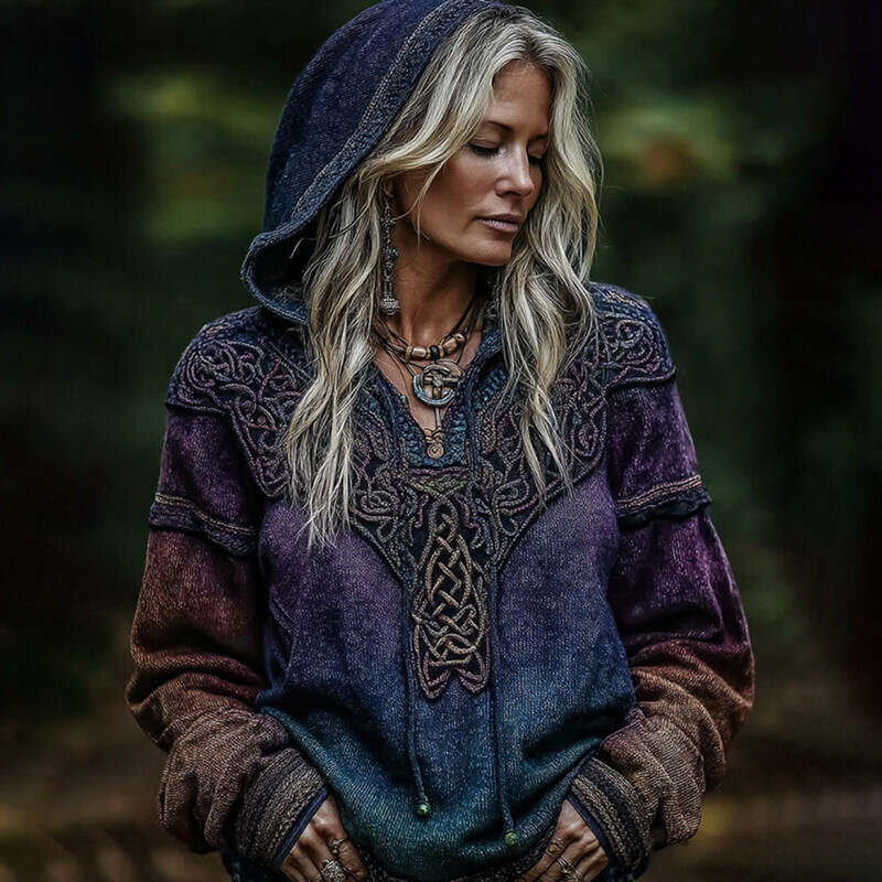 Women's Viking Celtic Knot Art Knitted Warm Hooded Sweater