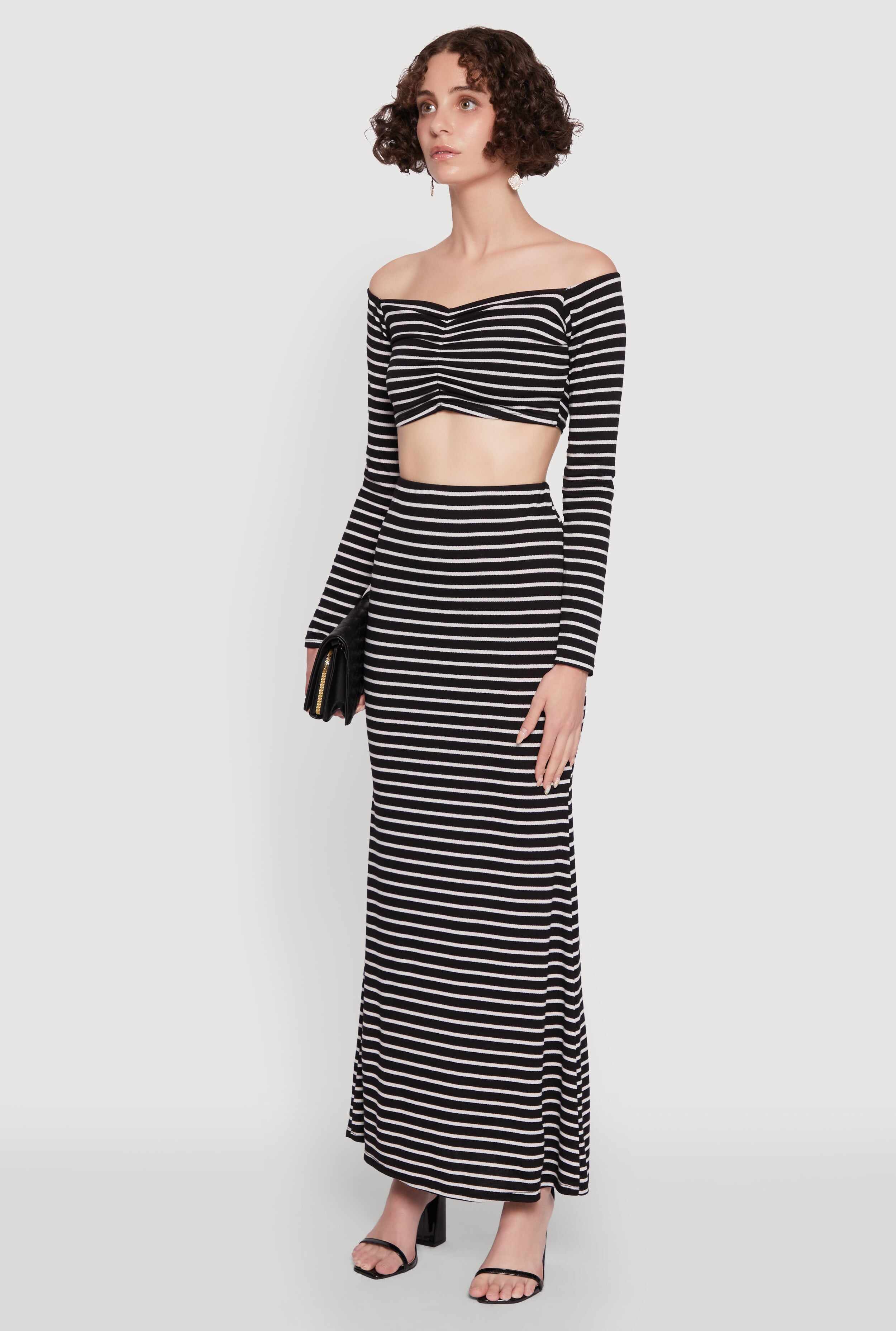 Chic Striped Off Shoulder Long Sleeve Top with Ruching and Cropped Hem