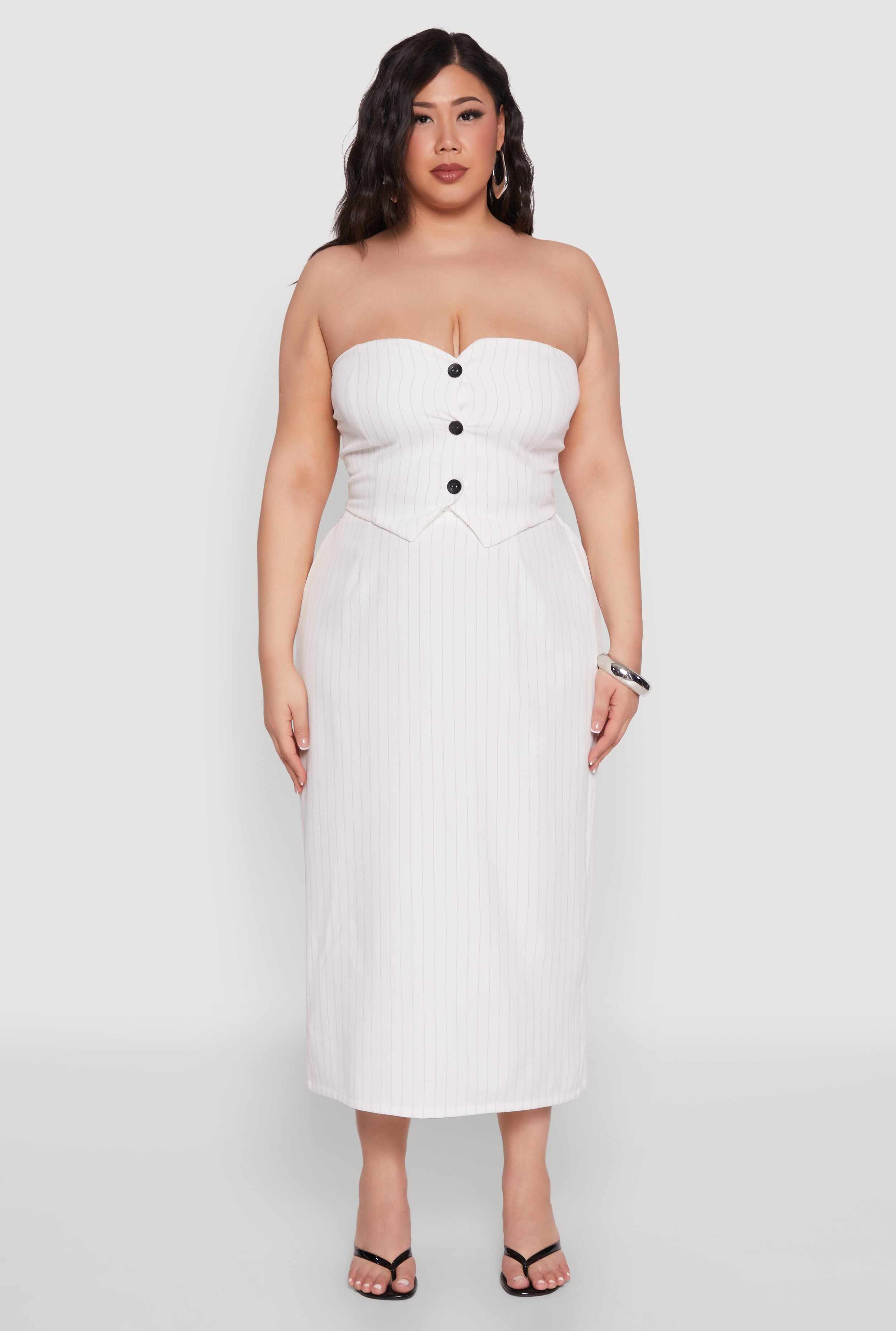Plus Size Pinstripe Button Front Strapless Top