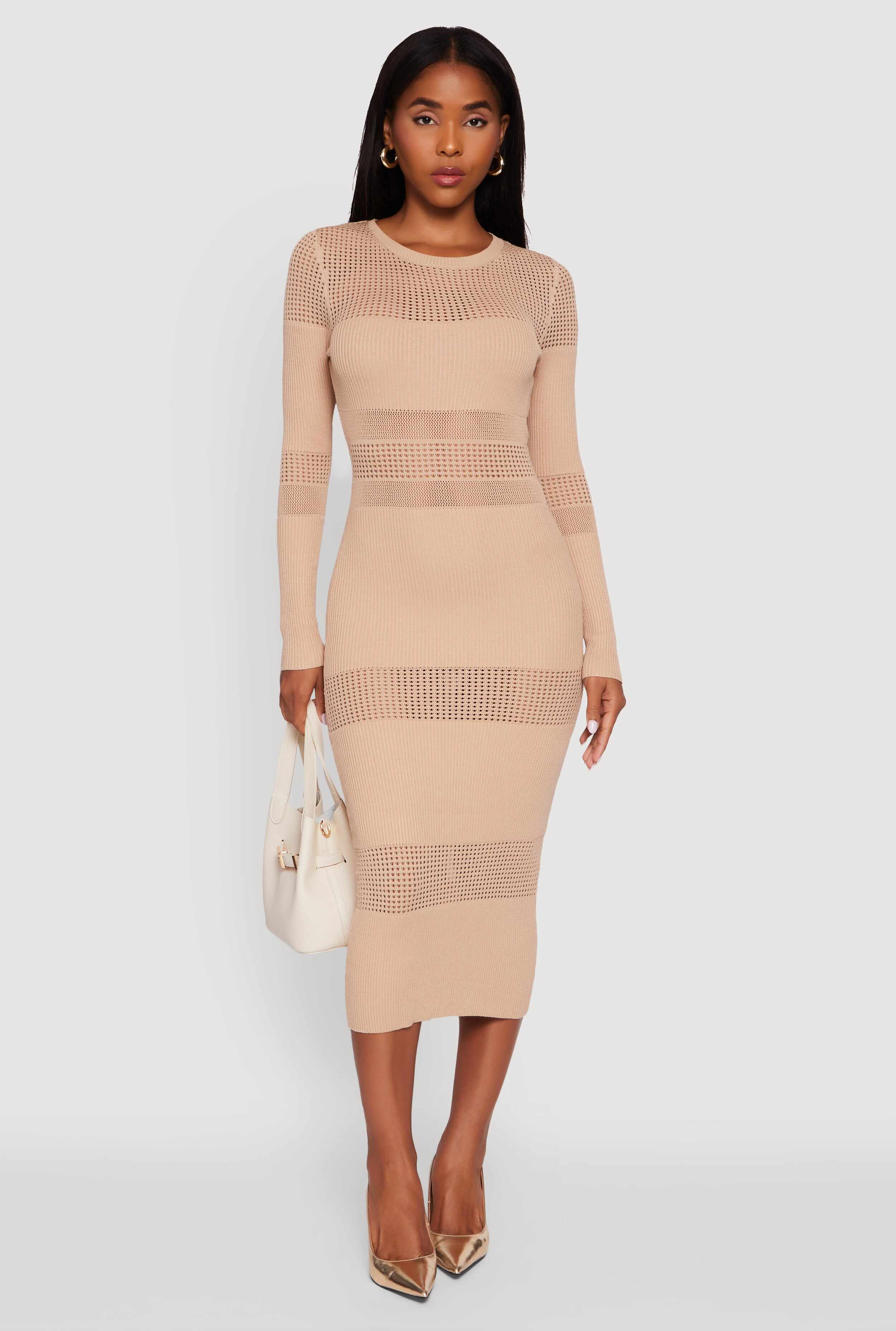 Crochet Detail Long Sleeve Bodycon Sweater Dress