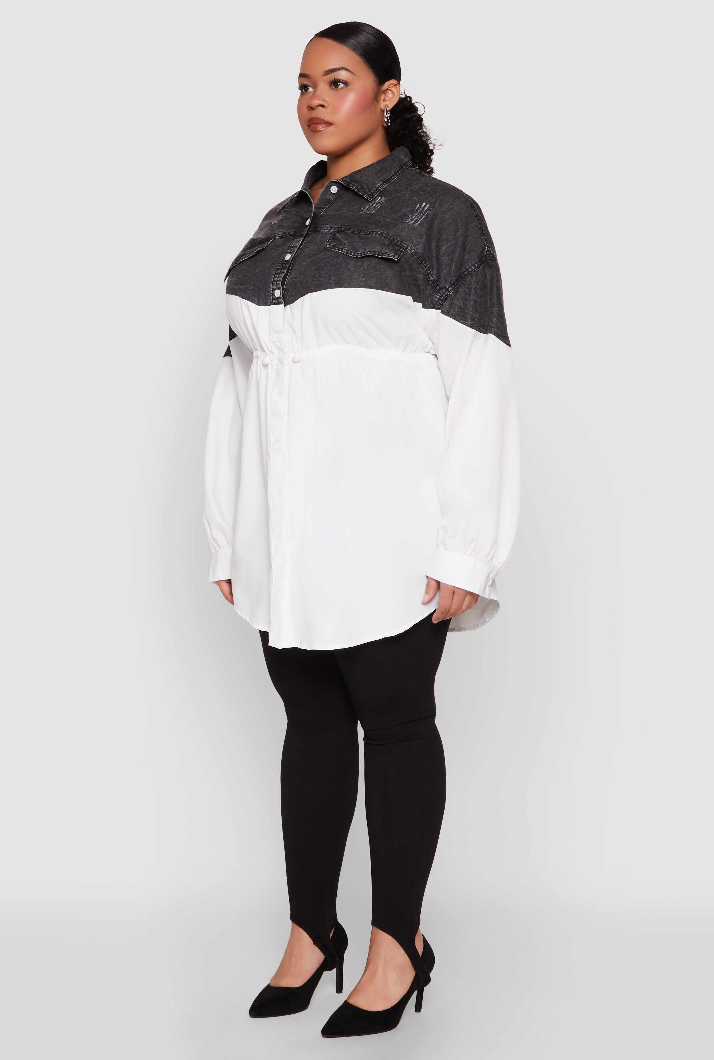 Plus Size Denim Detail Distressed Tunic Shirt