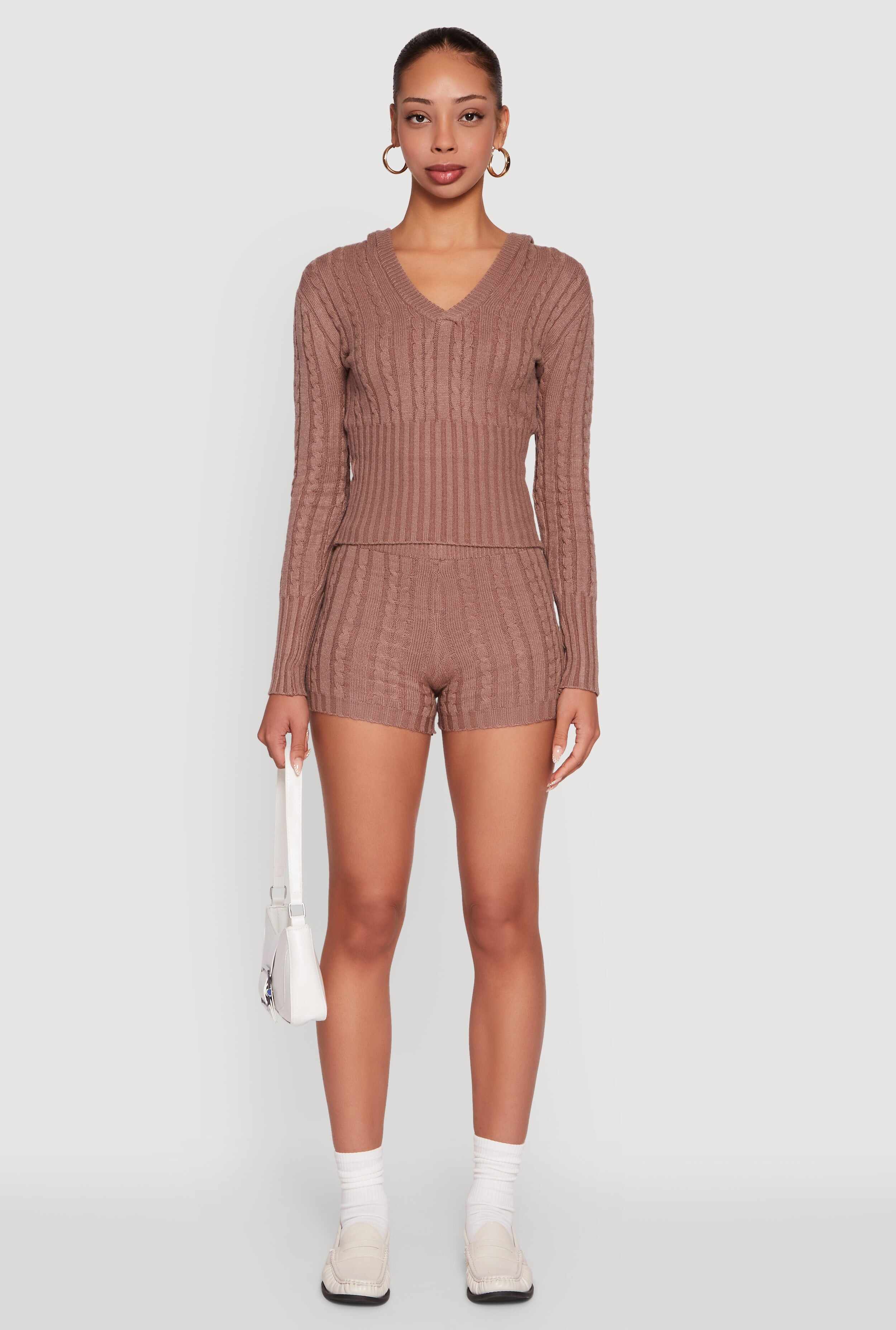 Cable Knit V Neck Hooded Sweater