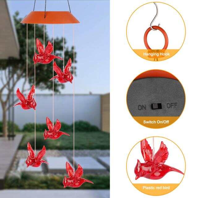 Solar Cardinal Red Bird Wind Chime