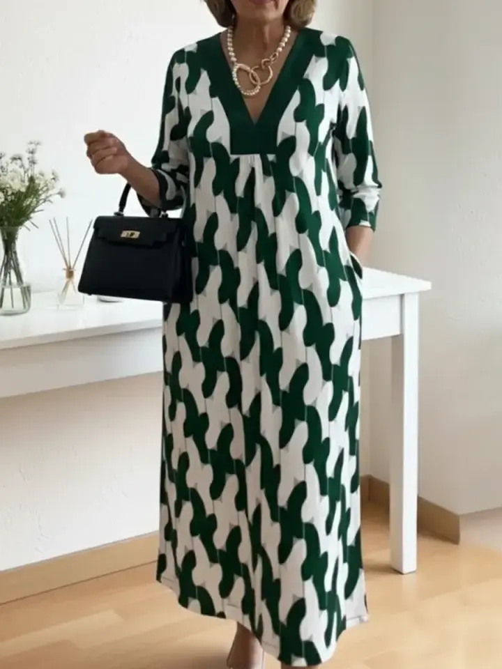 🔥Summer Arrivals🌟Elegant Art Print Color Block Trim V-neck Midi Dress