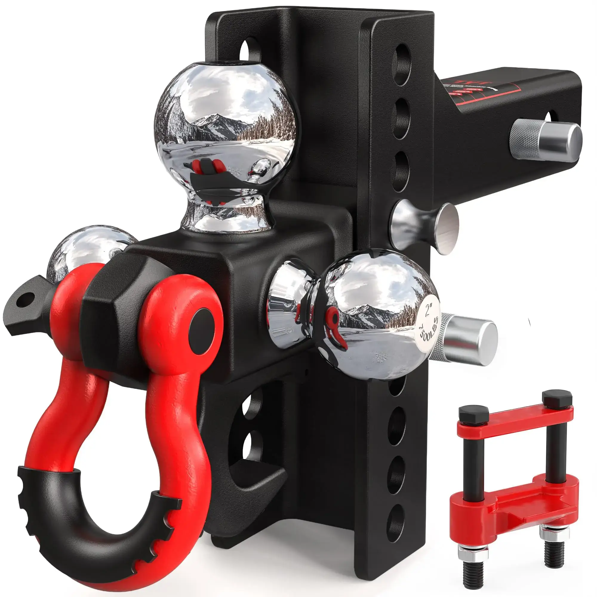 Adjustable Heavy-Duty Tri-Ball Trailer Hitch Mount with Anti-Theft Lock Pins & Rotatable Tow Shackle, No-Rattle Towing for 2