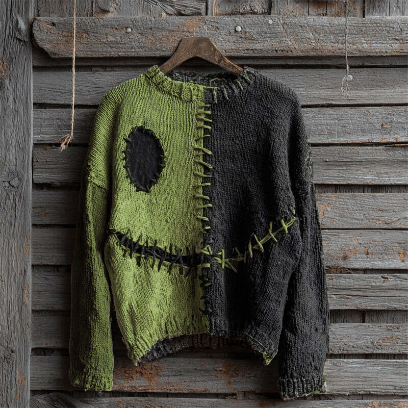 Halloween Spooky Face Contrast Stitched Cozy Knit Sweater