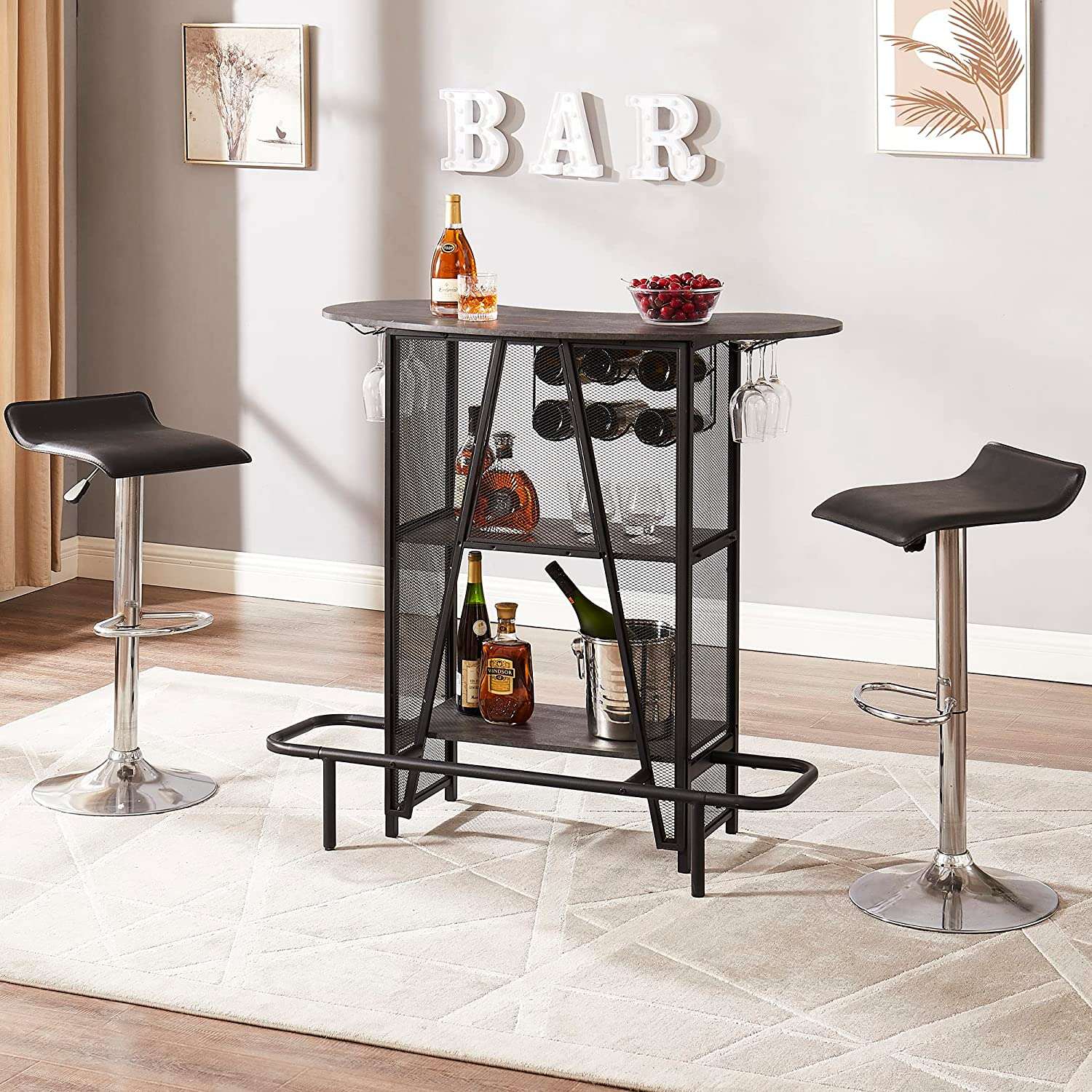 VECELO Bar Unit with Metal Mesh Front, 3-Tier Wine Rack Table with Glasses Holder