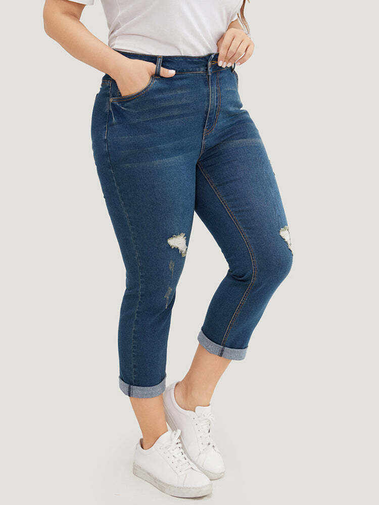 Very Stretchy  Dark Wash Roll Hem Cropped Jeans