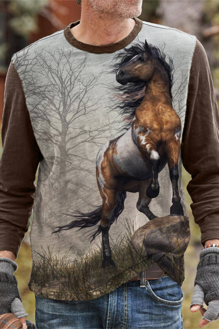 Western Horse Print Casual Long Sleeve T Shirt