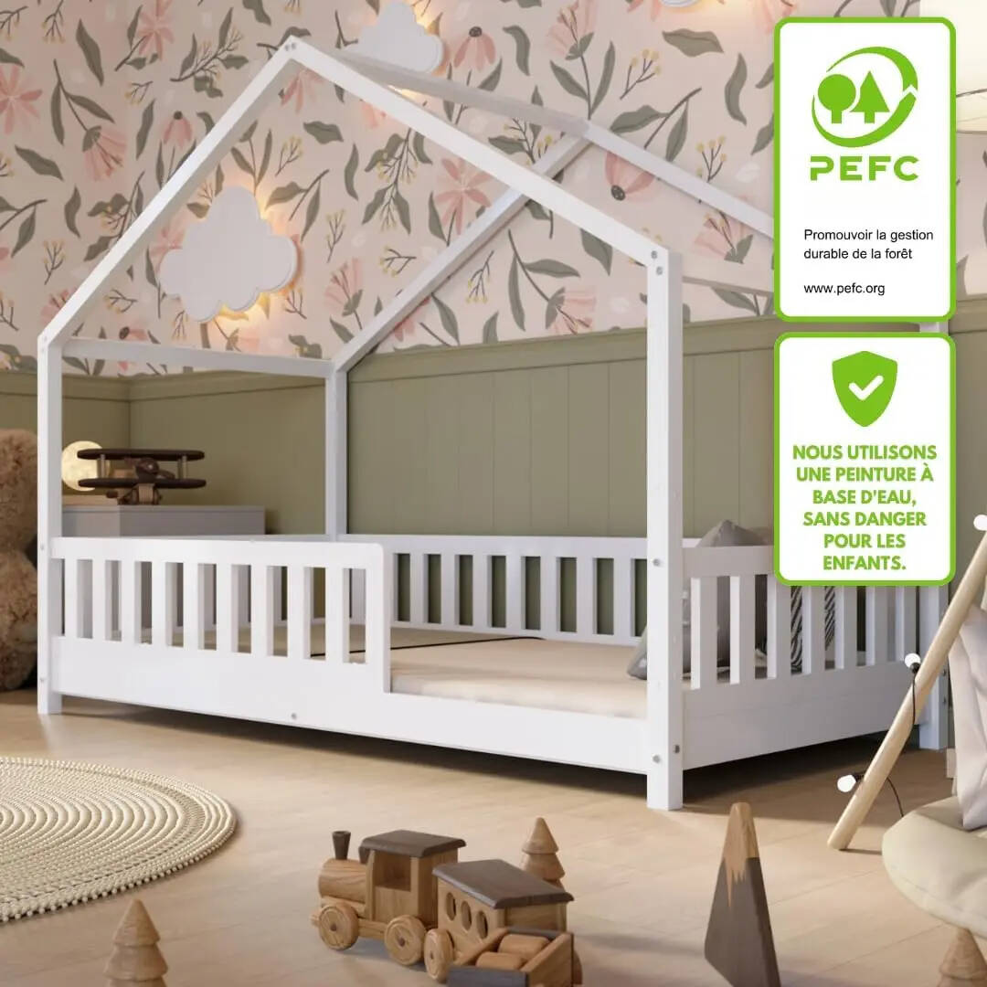 Clearance Sale Crazy Pine Cabin Bed 160x80 cm – Natural Wood Children's Bed with Barrier – Montessori Floor Bed with Height-Adjustable Legs and Removable Barrier - Crazy House