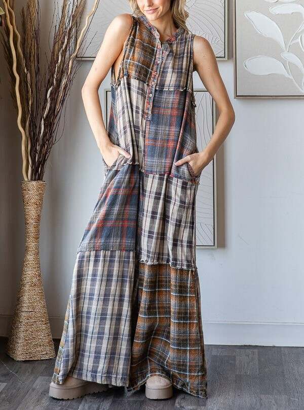 Extra Wide Leg Plaid Button Jumpsuit