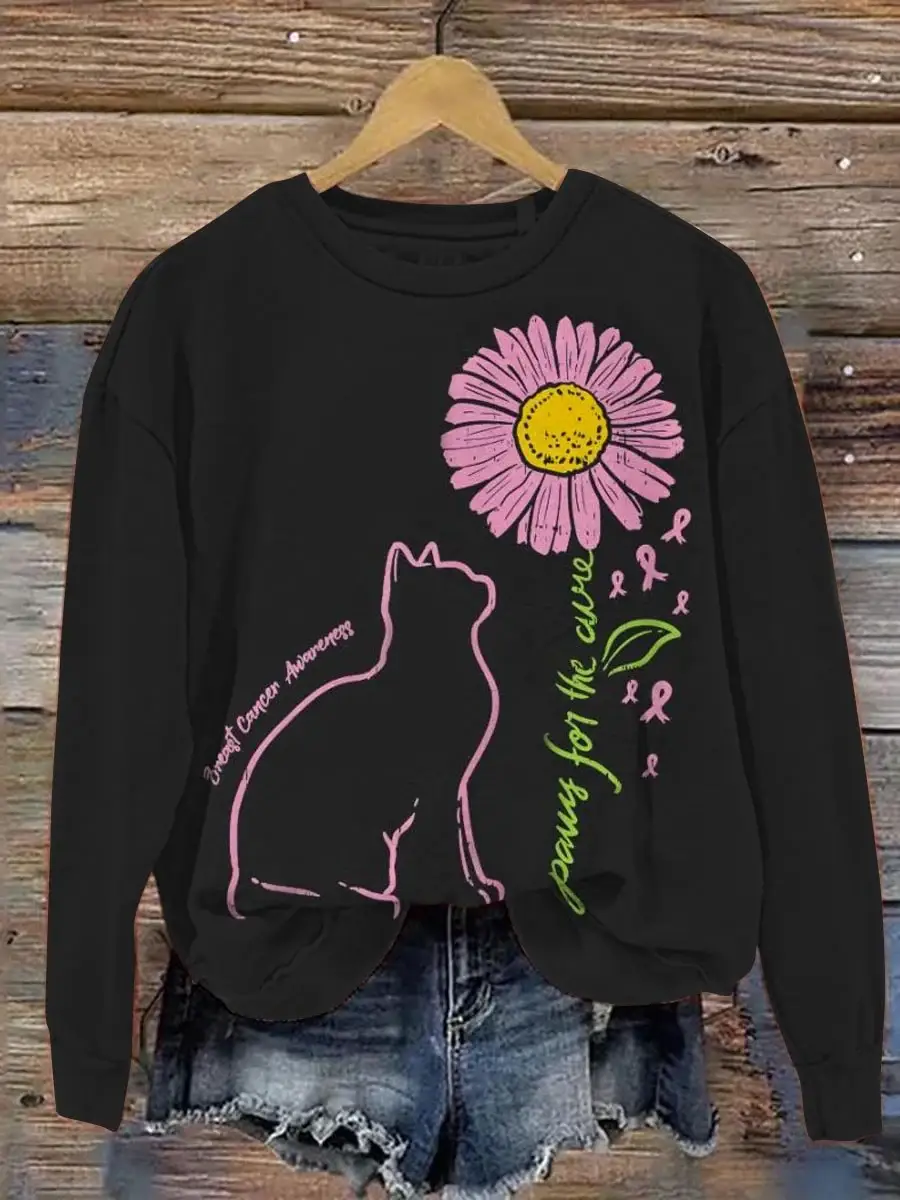 Women's Cat Sunflower Paws For The Cure Breast Cancer Awareness Print Pattern Casual Sweatshirt