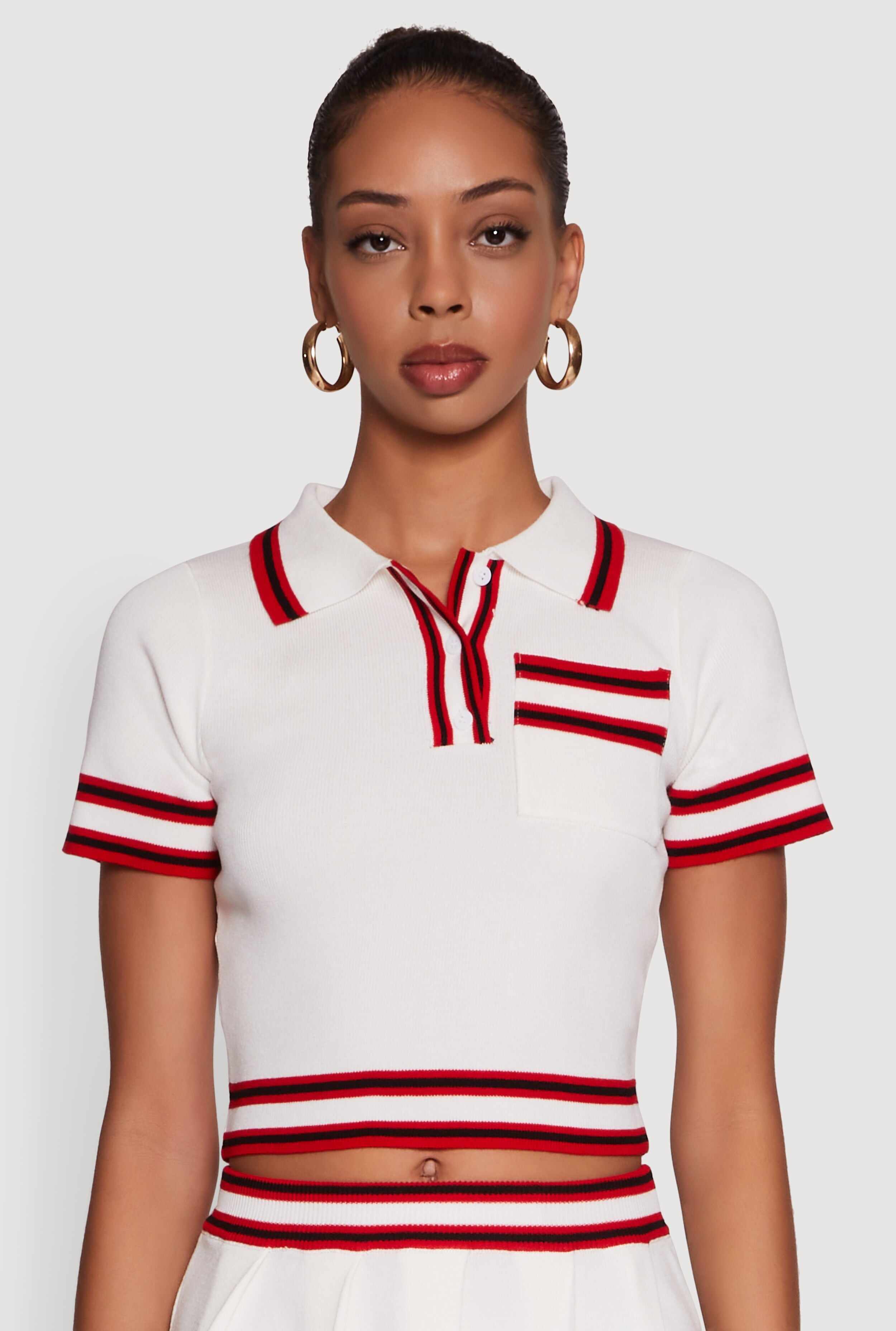 Daisy Varsity Stripe Trim Cropped Polo Shirt