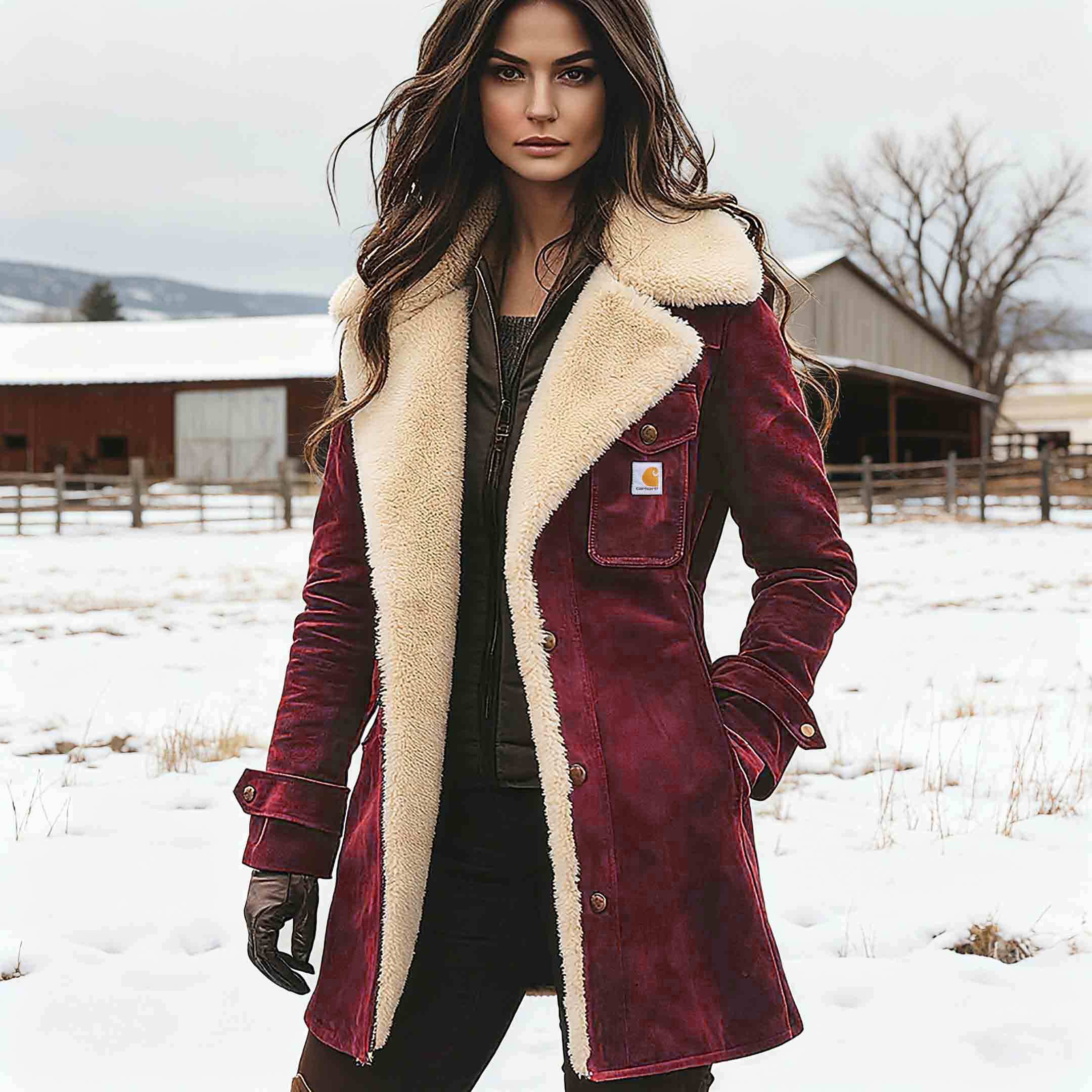 Women's Carhartt Vintage Brown Suede Fleece Lapel Collar Mid-Length Shearling Coat Jacket