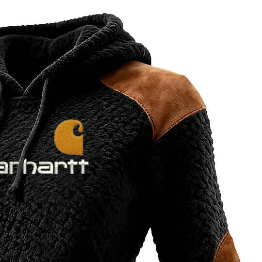 Women's Vintage Black Polar Fleece Panel Suede Pocket Hoodie