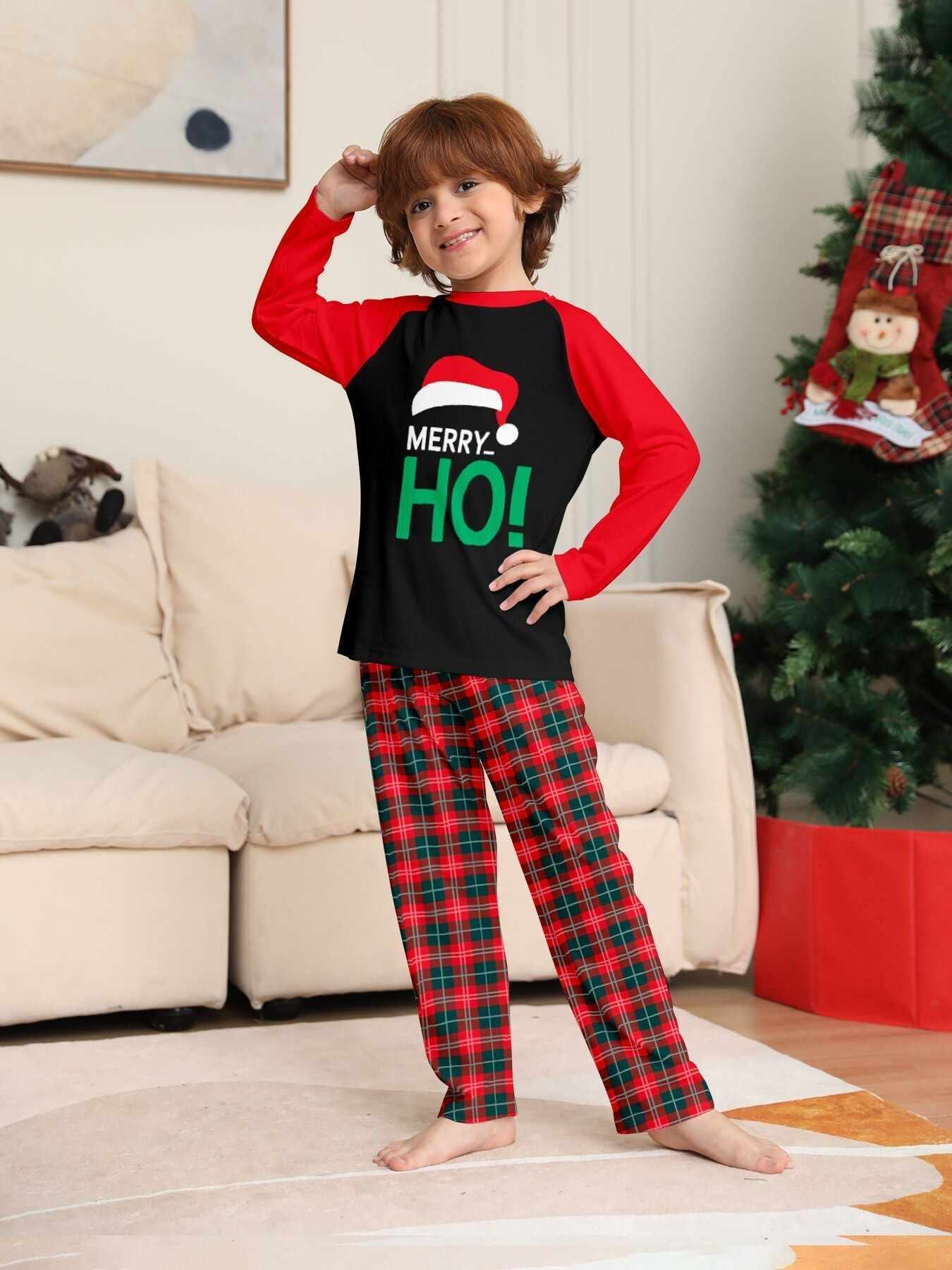 Santa Hat Monogrammed Family Holiday Plaid Pajama Set