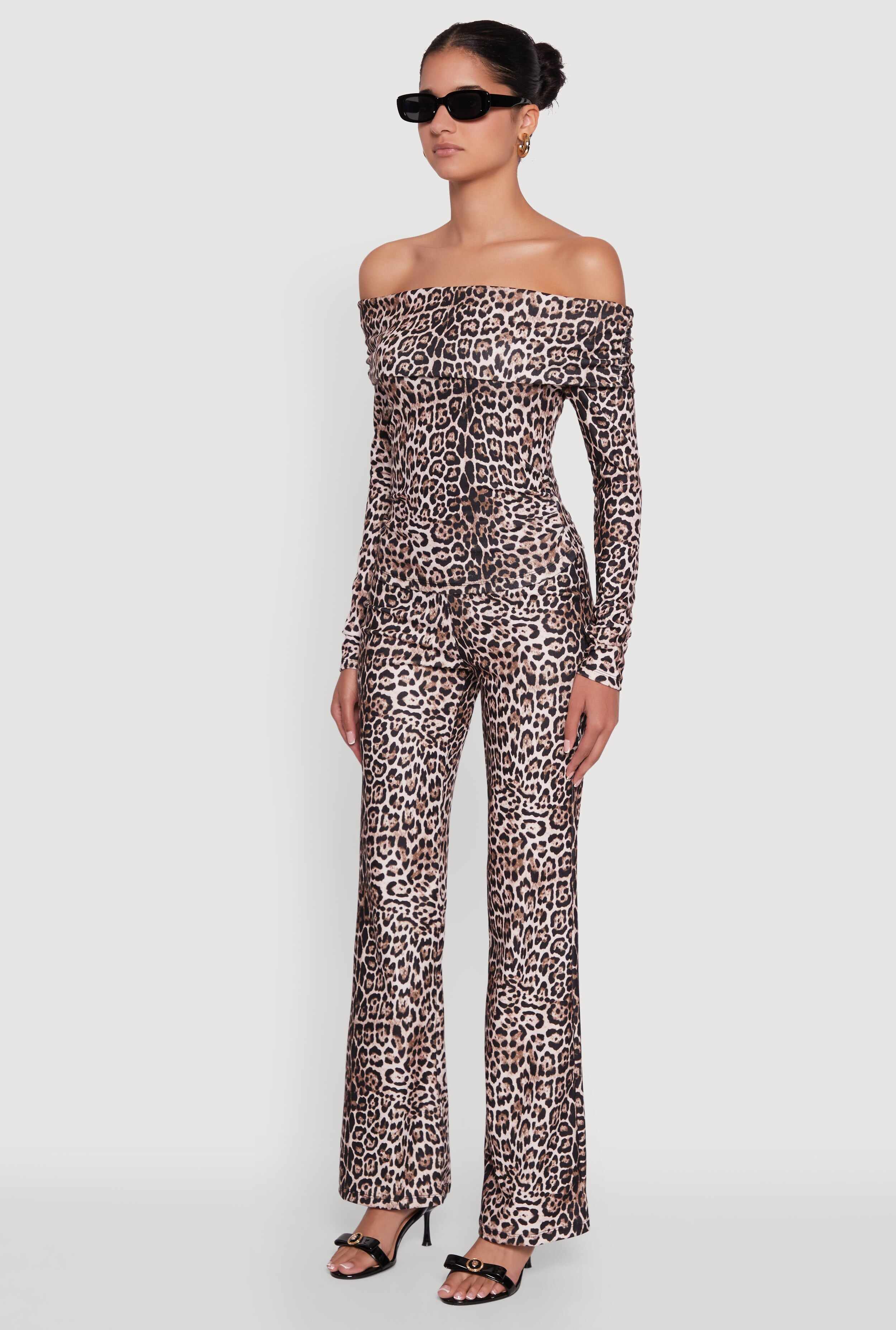 Haute Monde Jaguar Print Fold Over Off The Shoulder Top