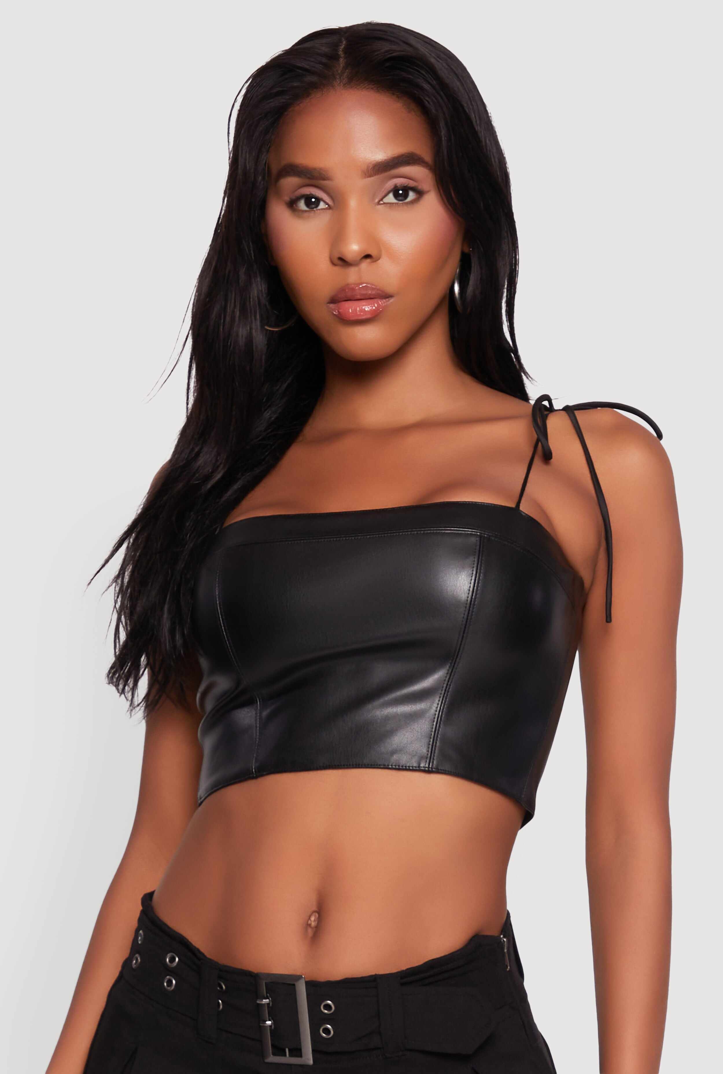 Faux Leather Tie Strap Cropped Bustier Top