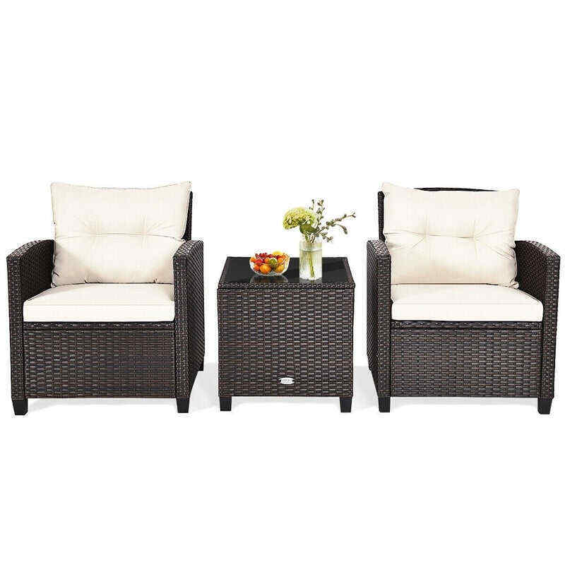3 Pieces Patio Rattan Furniture Set Outdoor Wicker Conversation Set with Washable Cushion and Coffee Table