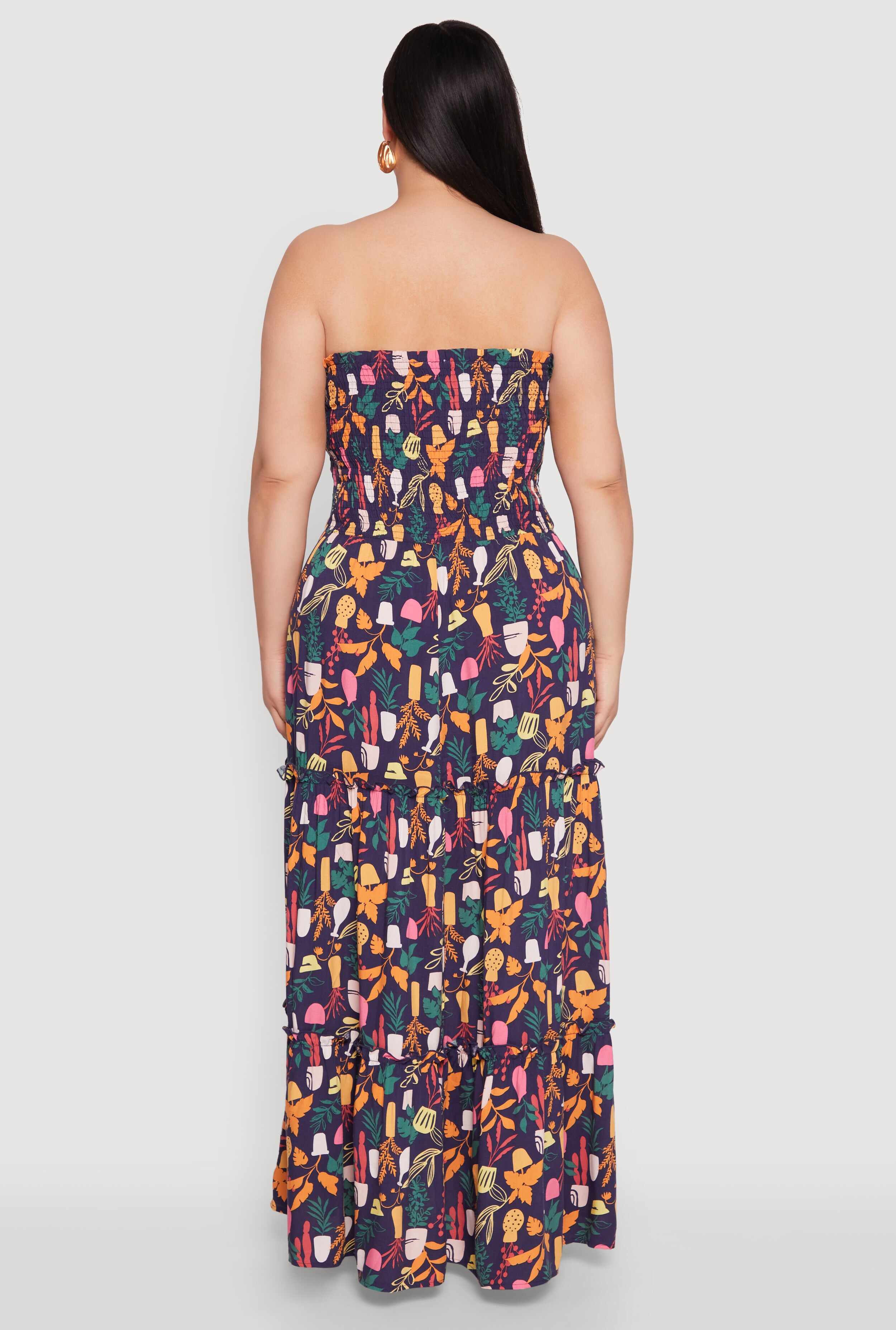 Plus Size House Plant Print Tiered Maxi Dress