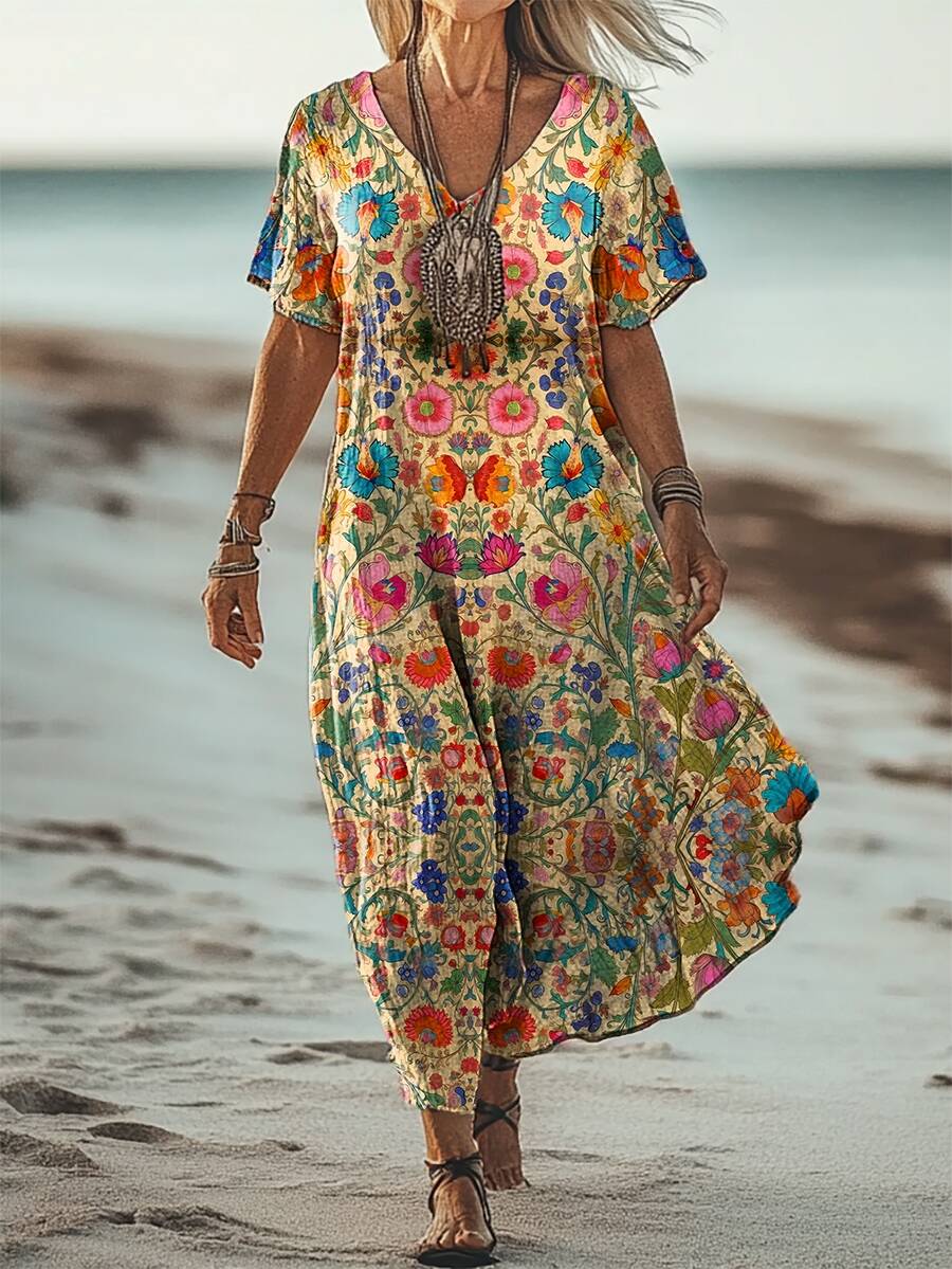 Women's Folkloric Art Patterns Art Print Short Sleeve Pocket Cotton Linen Dress