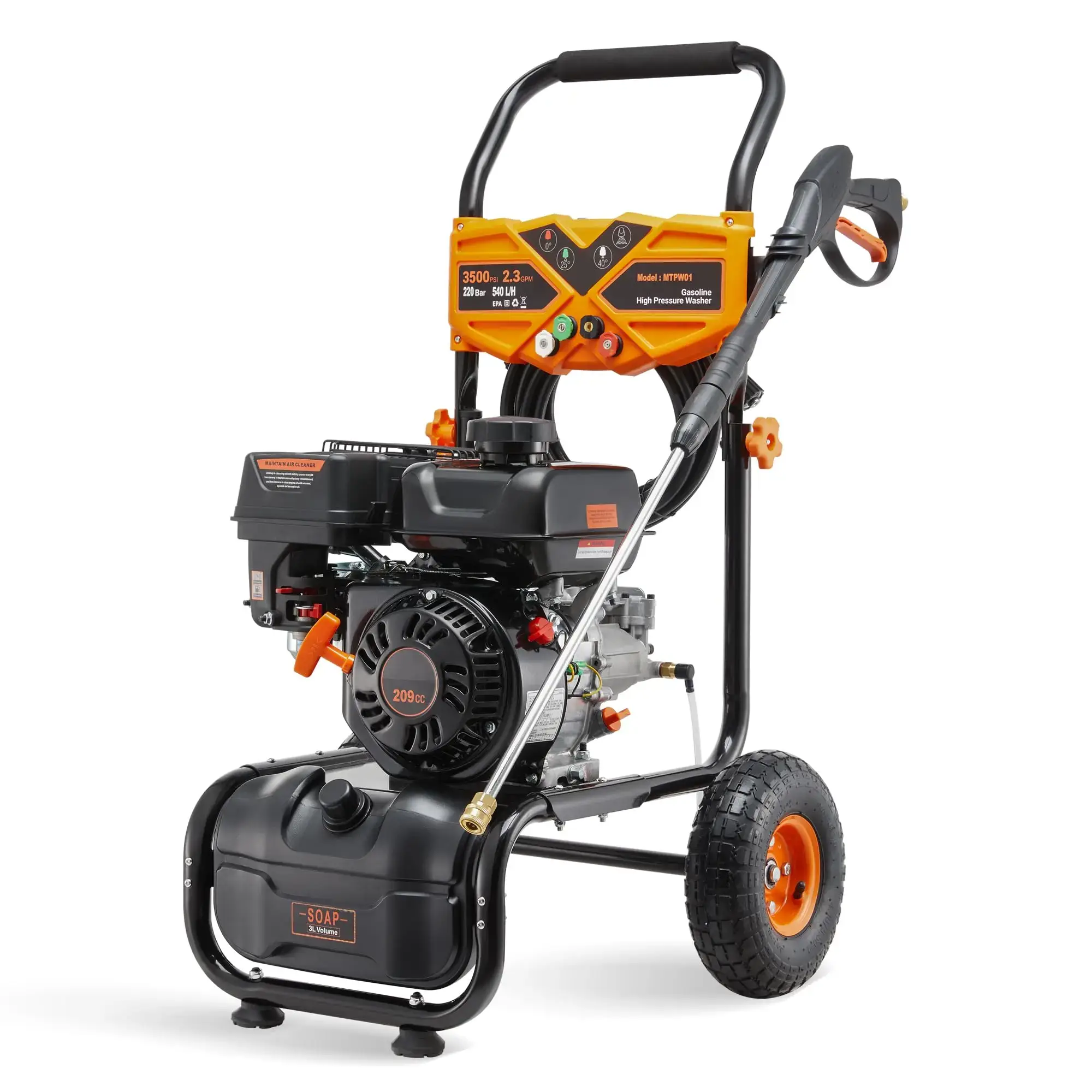Gas Powered Pressure Washer 3500 PSI, 2.3 GPM Heavy Duty High Power Washer,209CC 7HP Engine with 25Ft Pressure Hose, Axial Aluminum Pump, Soap Tank, 4 Quick Connect Nozzle