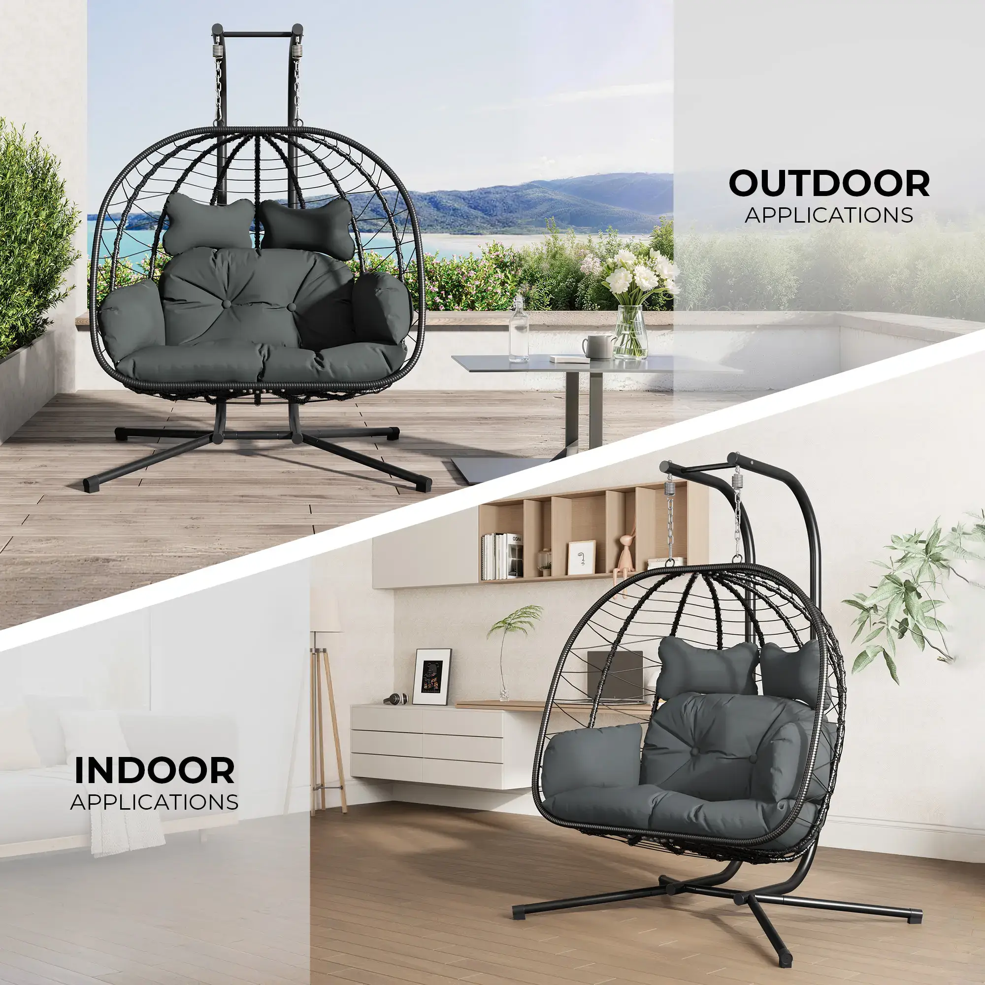 [dealsforyoudays] Double Egg Chair with Stand for Patio, Outdoor Indoor Hanging Swing Chair with Cushions, Wicker Rattan, 700lbs Capacity, Waterproof Sunproof for Balcony Garden Porch, ChristmasGift